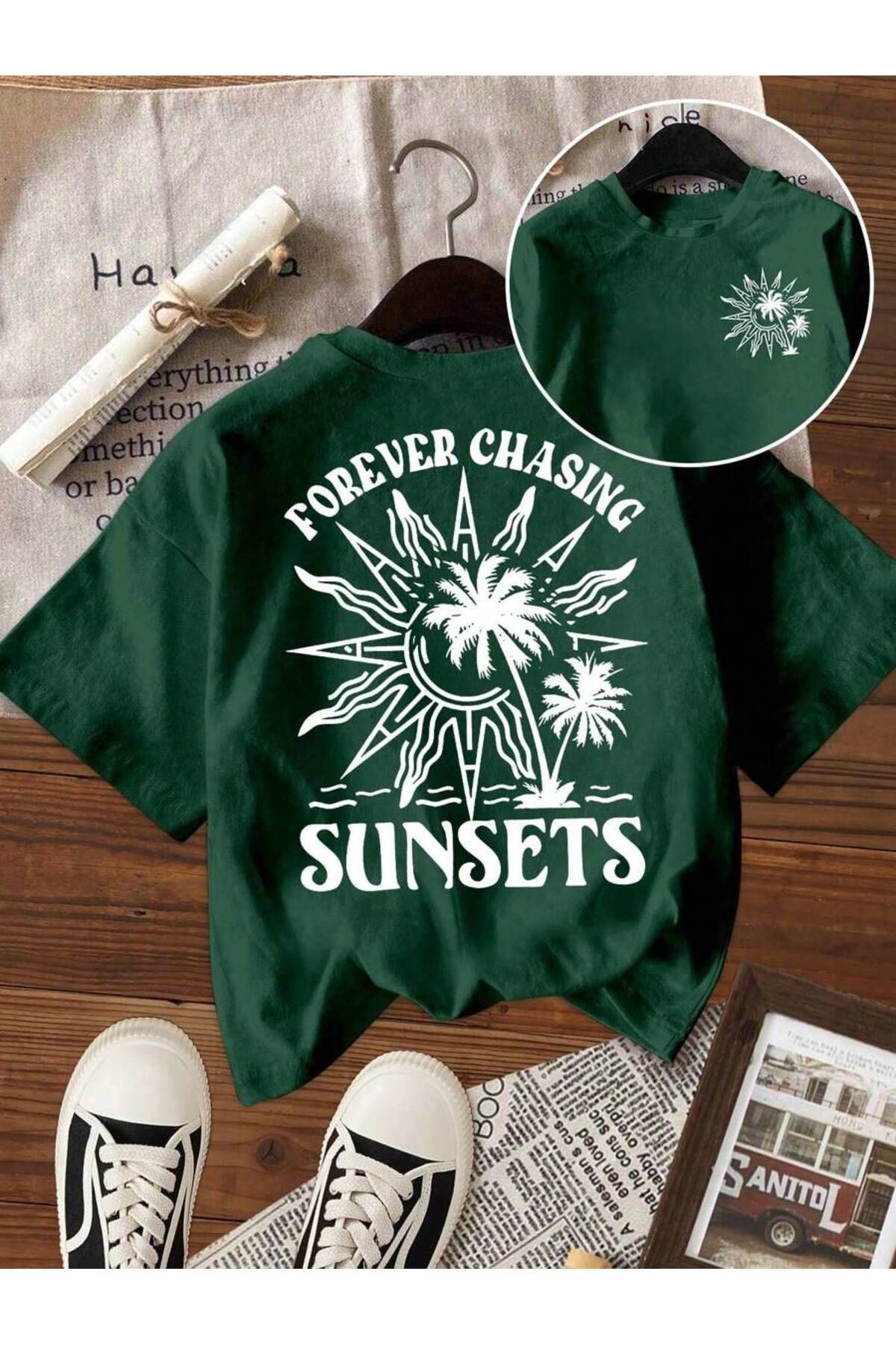 cc collection Kadın/Erkek Sunsets Baskılı Oversize Pamuklu T-Shirt Tişört