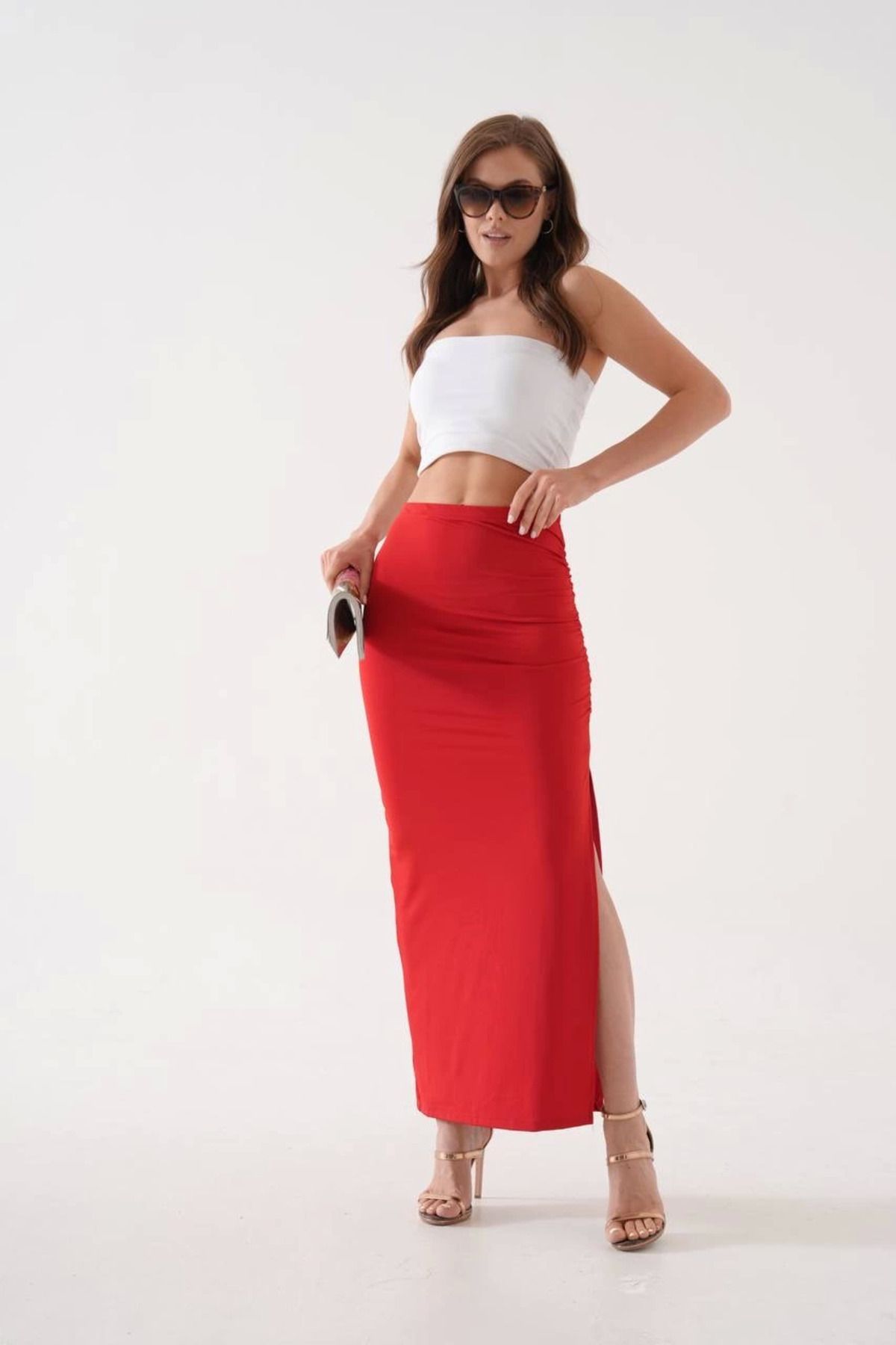 İntive Lingerie Kırmızı Yan Yırtmaçlı İnce Kumaş Slim Fit Yüksek Bel Uzun Etek