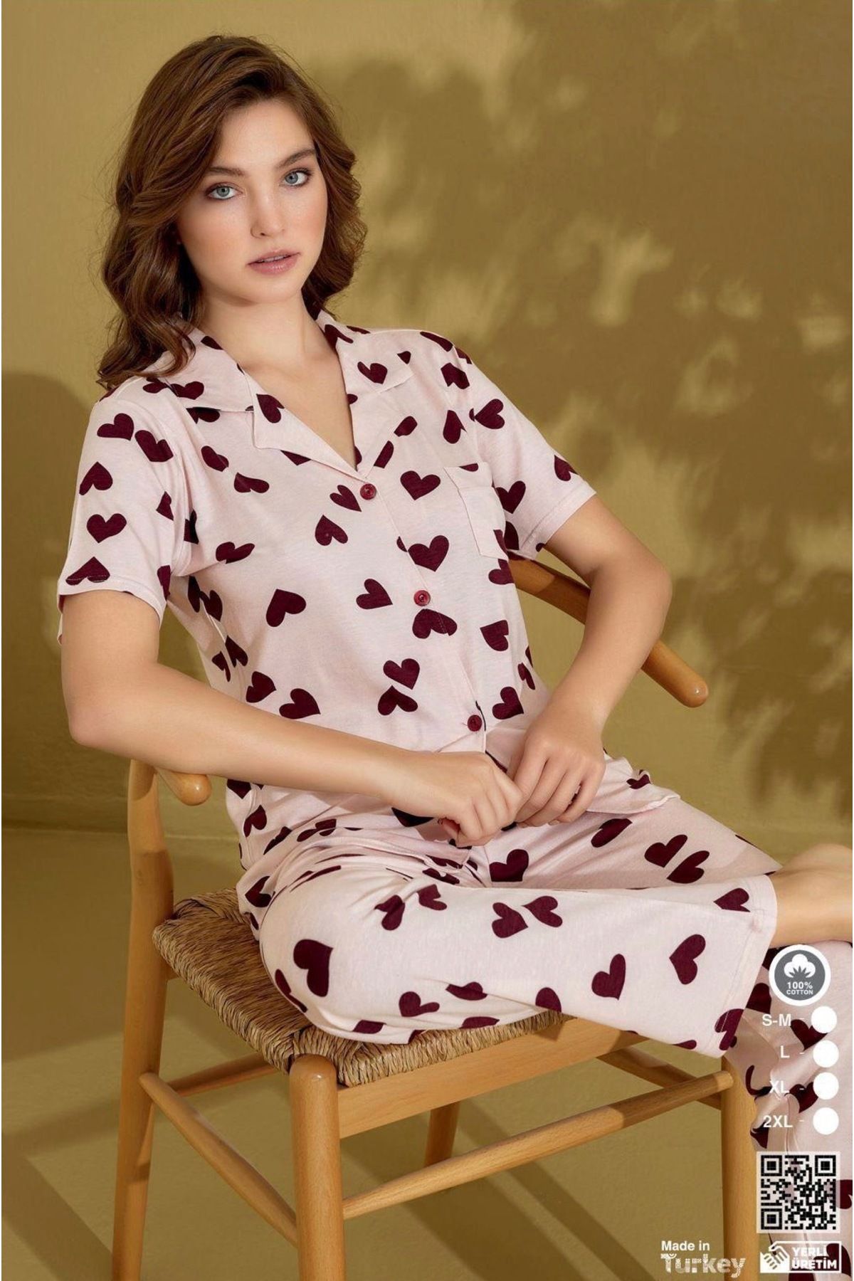İpek Kadın Kısa Kol Önden Düğmeli Kalp Desenli Pijama Takımı