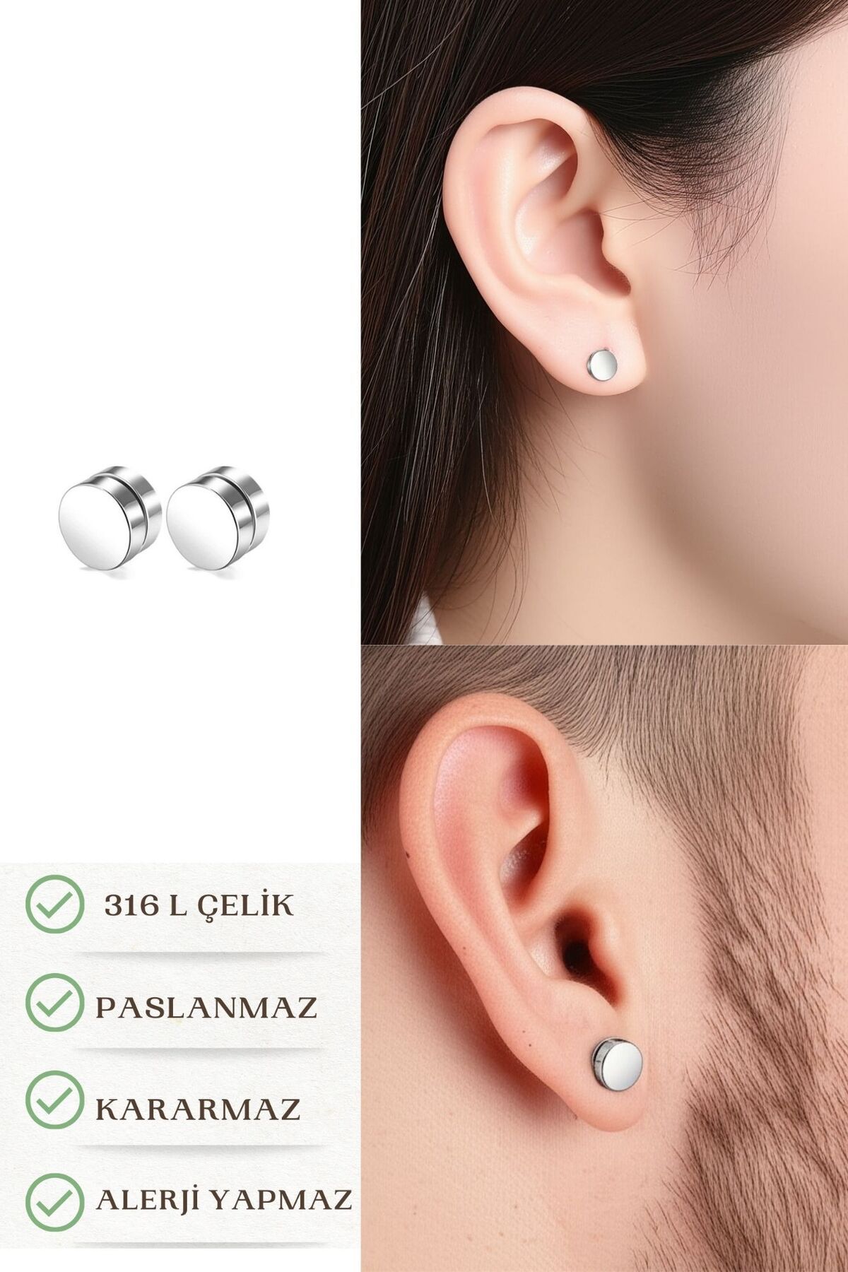 Lynare Mıknatıslı Trend Gri Düz Yuvarlak Kadın Erkek Unisex 316L Çelik Küpe 8mm 2 Adet