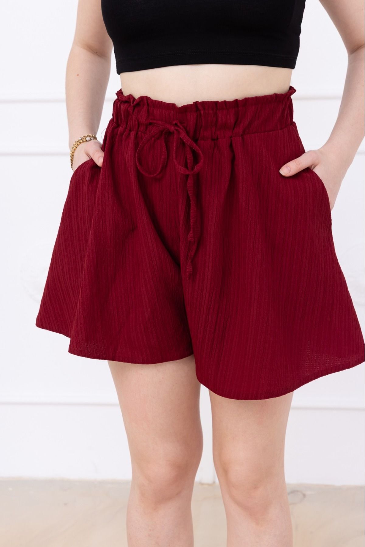 alita butik Bordo pileli keten mini şort