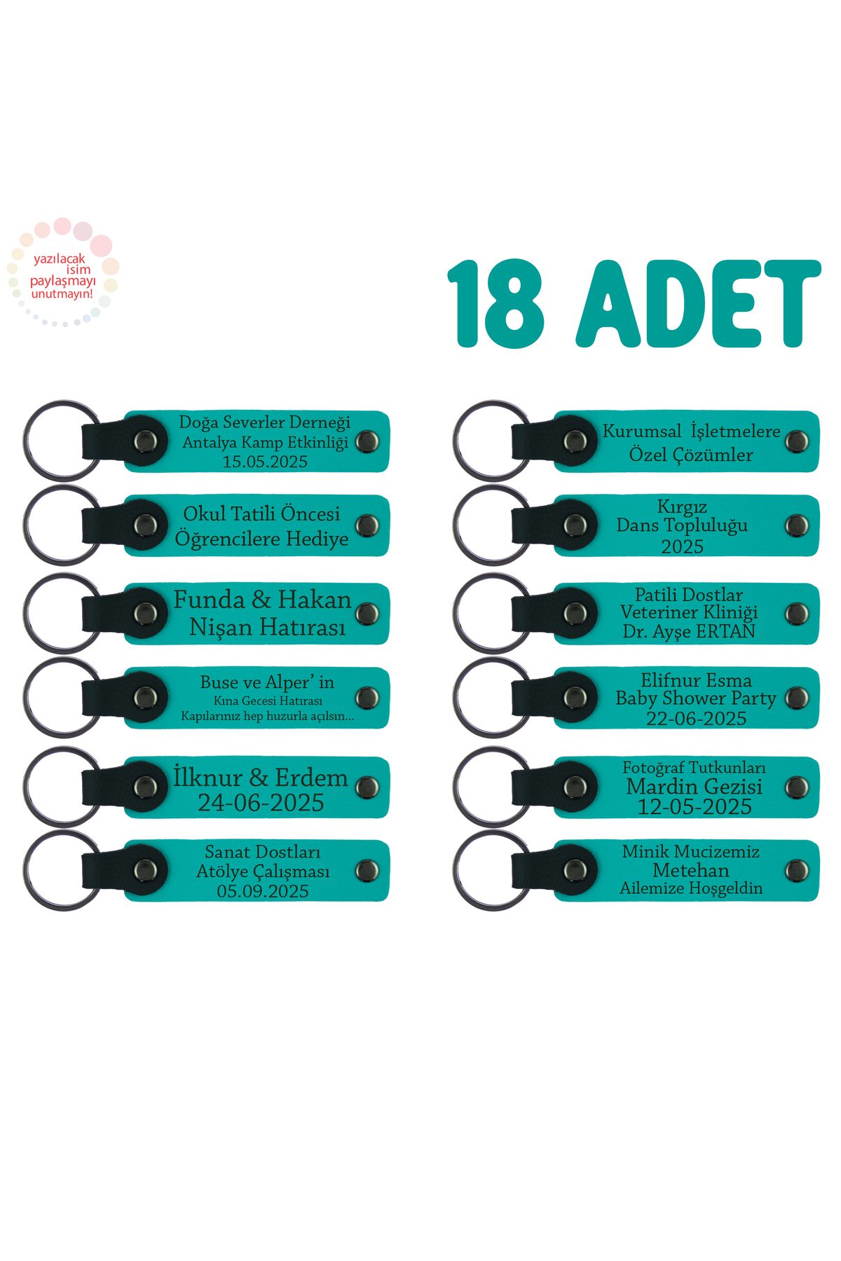 Miaju Okul Etkinliklerine Katılanlara Özel 18'li Set, Kişisel Mesajlı Deri Hatıra Anahtarlık, Koyu Turkuaz