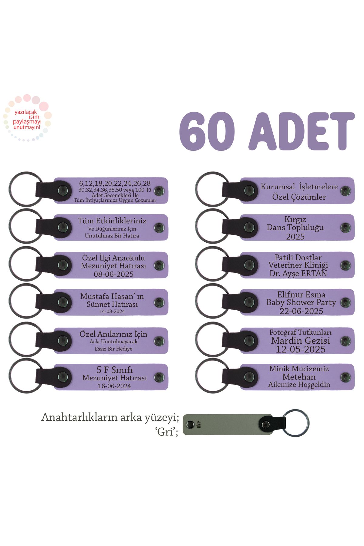 Miaju Doğum Günü Misafirlerine Kişiselleştirilmiş Anahtarlık 60’lı Set, Özel Kutlamalara Uygun, Mor & Gri