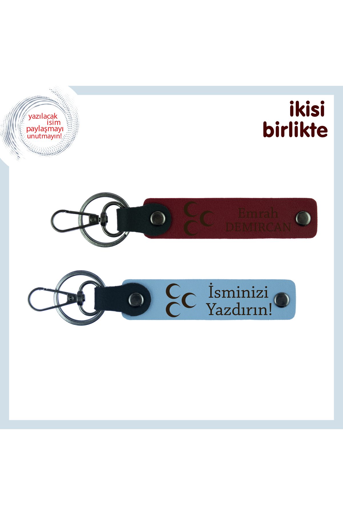 Miaju Yeni Ofise Şık Hediye – Üç Hilal Kişisel Anahtarlık Takımı, İsim Yazılı, Bordo-Gök Mavi