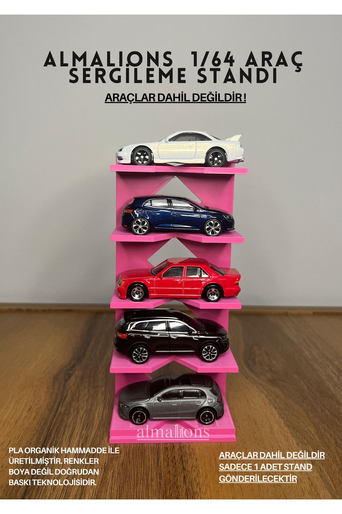 almalions 1/64 ÖLÇEK ARAÇ SERGİLEME STANDI (5 ARAÇLIK) - PEMBE - ARAÇLAR DAHİL DEĞİLDİR!
