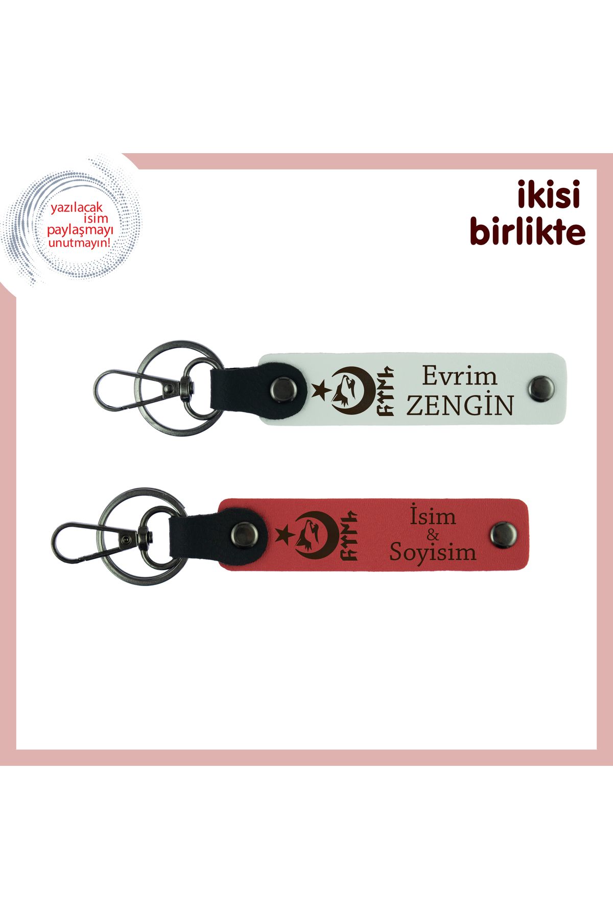 Miaju Yeni Mezuna Hediye, Ayyıldız Kurt Göktürk Desenli İsim Yazılı 2’li Anahtarlık Seti, Beyaz-Nar Çiçeği