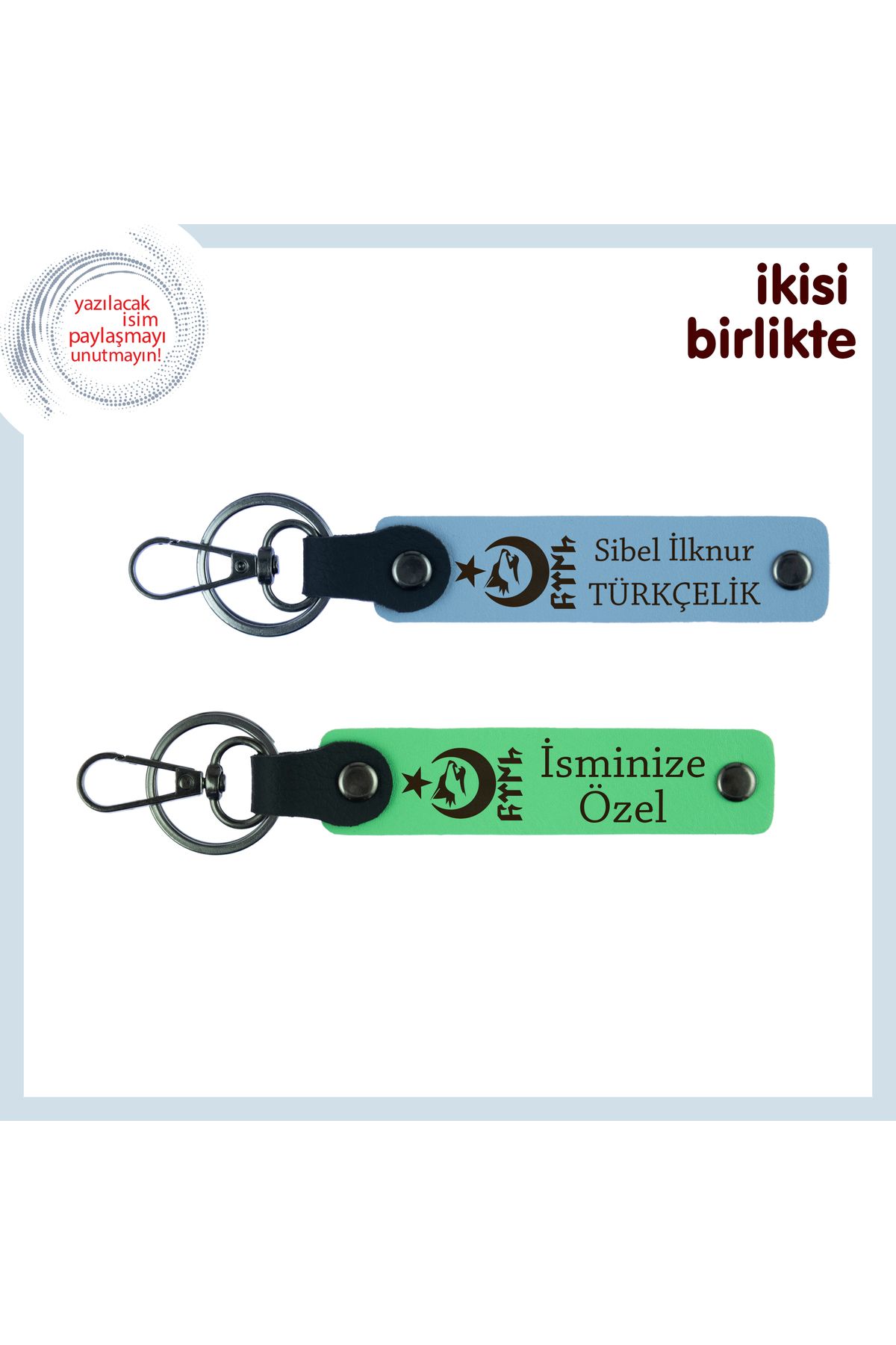 Miaju Patron İçin Anlamlı Hediye – Ayyıldız Kurt Göktürk Kişisel İsimli Anahtarlık Takımı, Gök Mavi-Yeşil
