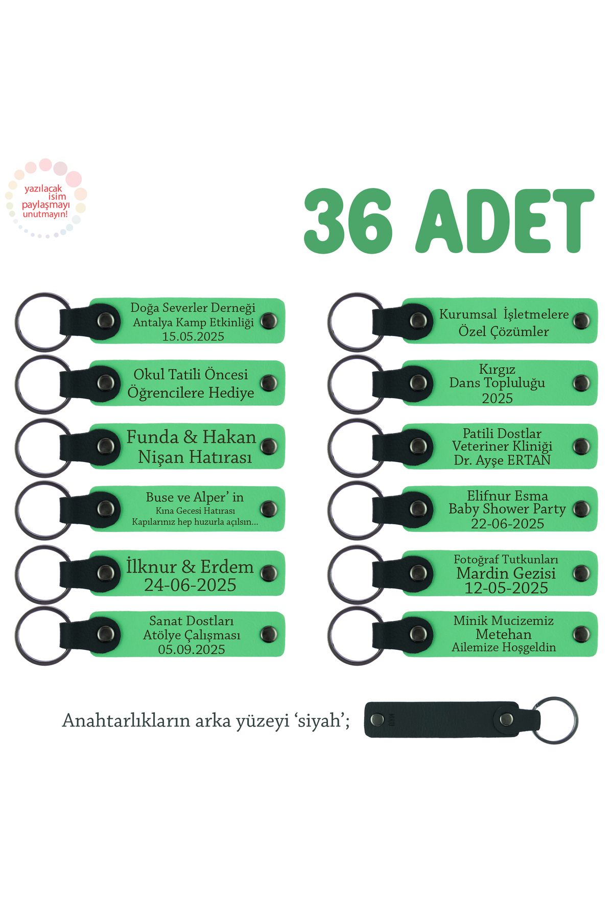 Miaju Üniversite Kulüp Etkinliğine 36'lı Set, Üzerine İsim Yazılabilir Hediyelik Anahtarlık, F Yeşil & Syh