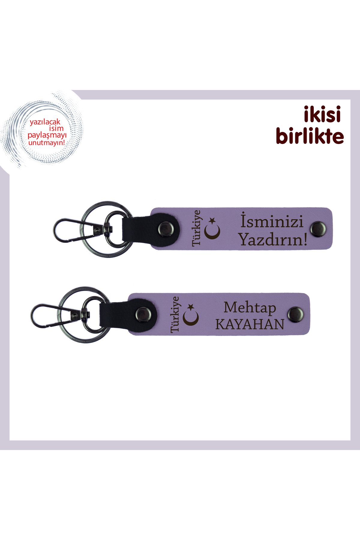 Miaju Milli Değerlere Saygılı Hediye – Ayyıldız ve Türkiye, İsme Özel Deri Anahtarlık Set, Mor-Mor