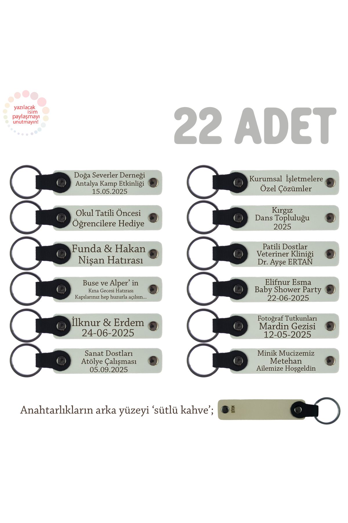 Miaju Kurumsal Açılışlarda Müşterilere Özel, 22'li Set İsim Yazılabilen Hediye Anahtarlık, Beyaz & S Kahve