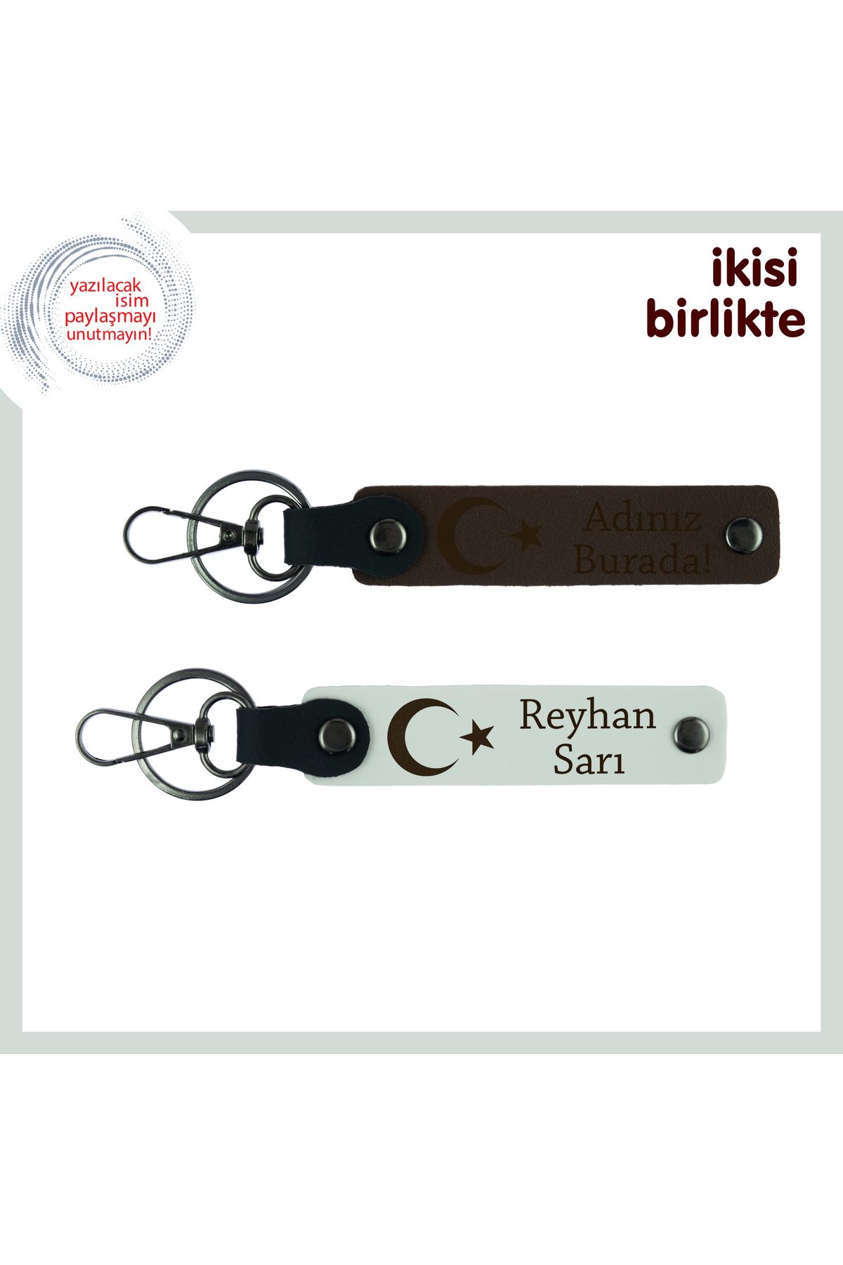 Miaju Yılbaşı İçin Özgün Vatan Temalı Hediye – Ay Yıldızlı İsimli Anahtarlık Seti, Koyu Kahve-Beyaz
