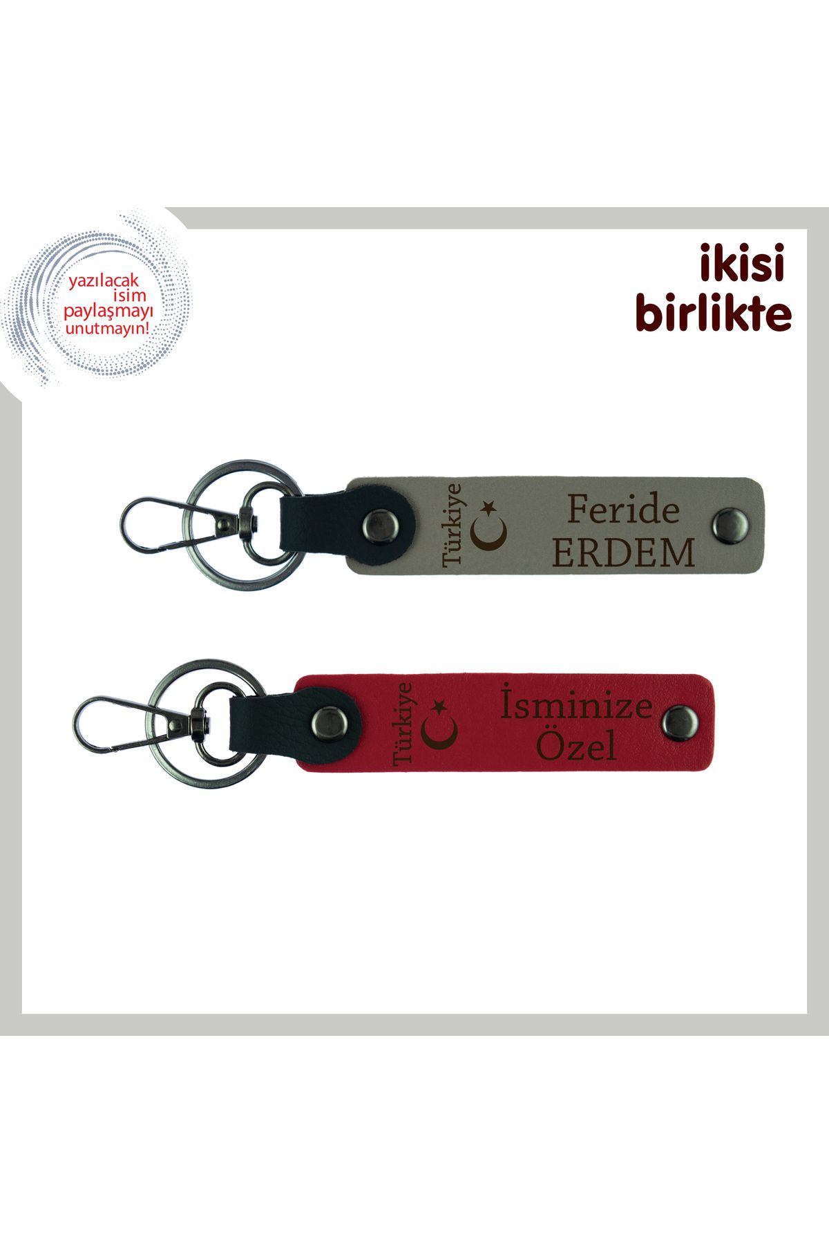 Miaju Kardeşe Askerlik Anısı, Ayyıldız ve Türkiye Desenli İsimli Deri Anahtarlık Takımı, Kül Gri-Kırmızı