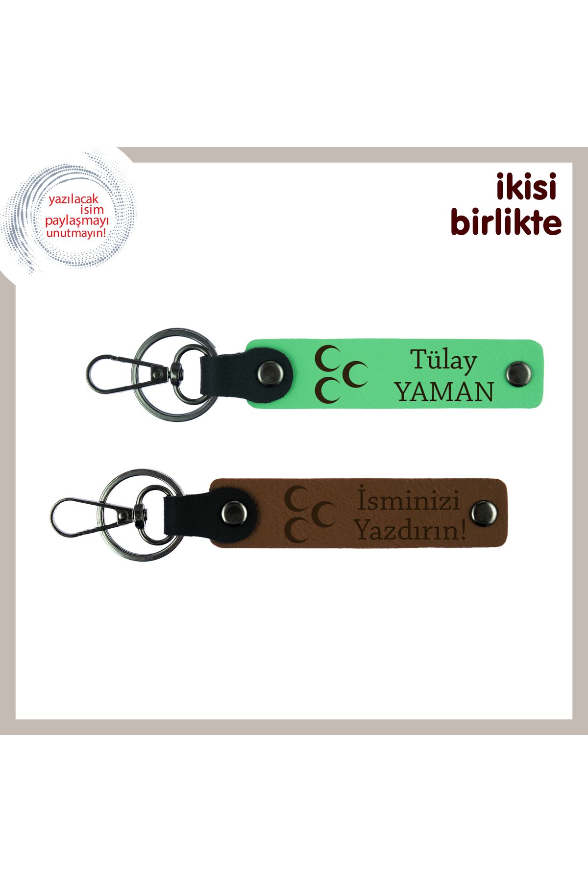 Miaju Vatansever Dokunuşlu Hediyelik – Üç Hilal ve İsimli Anahtarlık 2' li Set, F Yeşil-Kahve