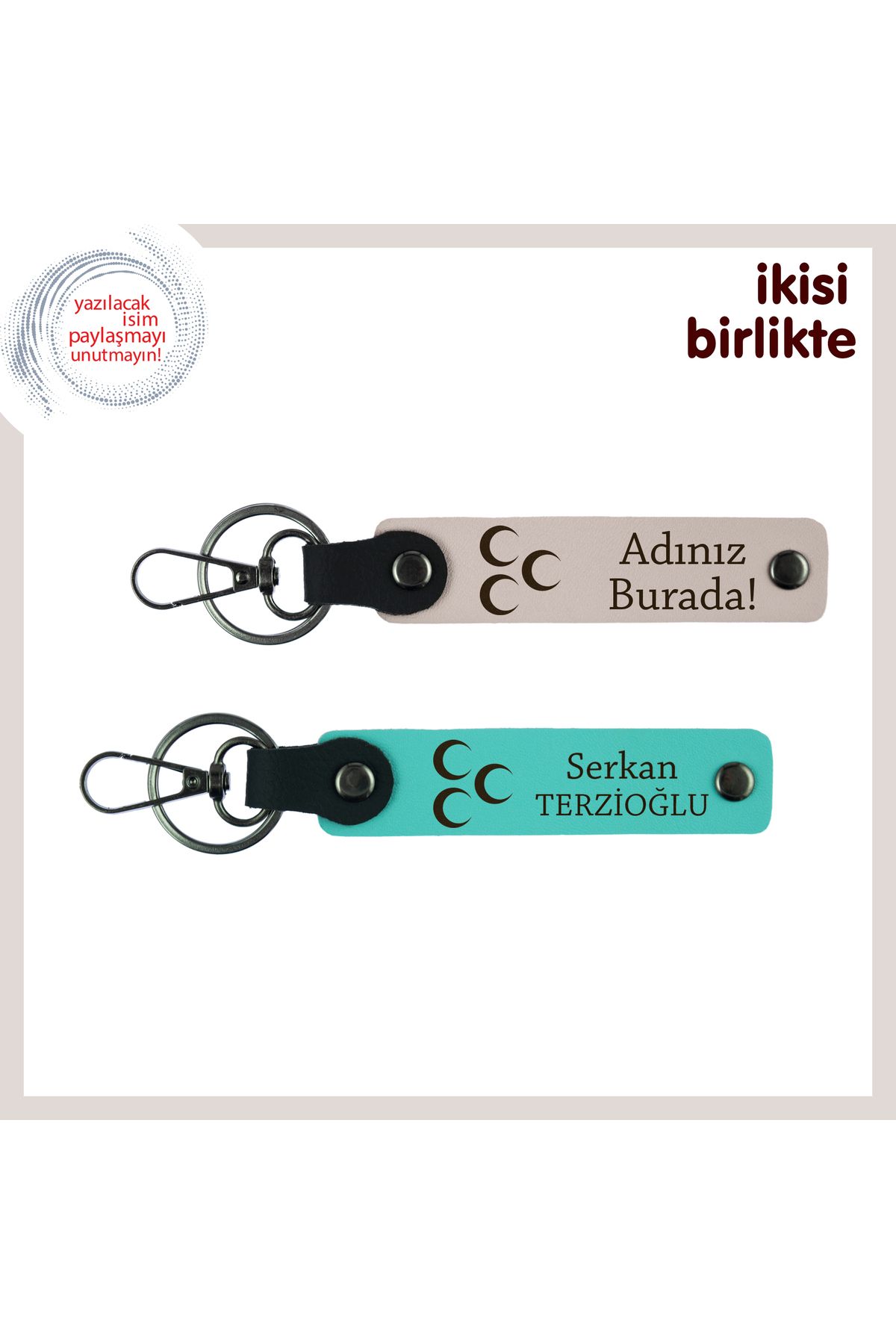Miaju Eşine Özel Üç Hilal Temalı Armağan – Yıldönümüne Anlamlı Kişisel Anahtarlık Seti, Pudra-Turkuaz