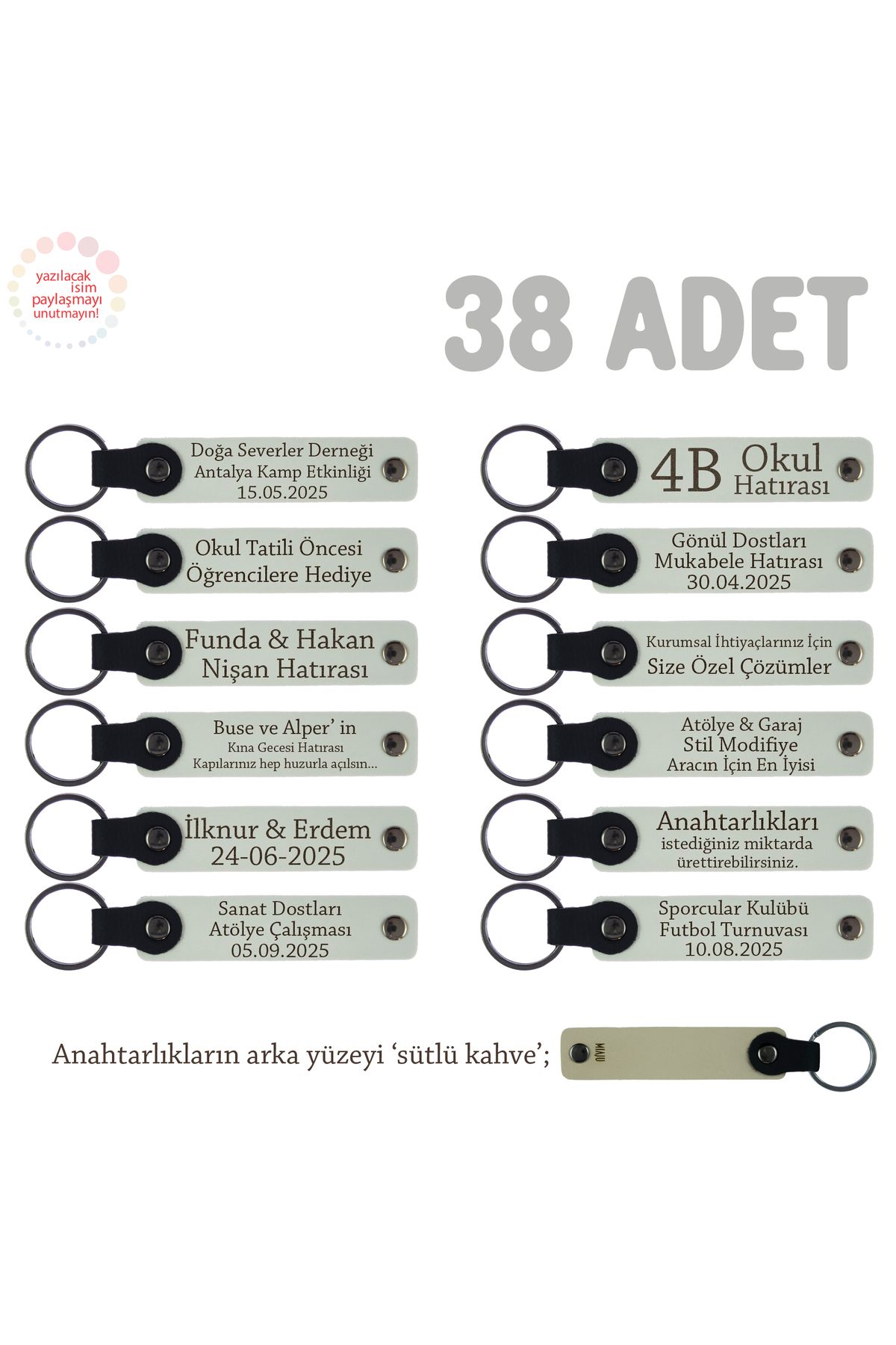 Miaju Cinsiyet Partisi Katılımcılarına, 38'li Set, Kişisel Mesaj Eklenebilir Anahtarlık, Beyaz & S Kahve