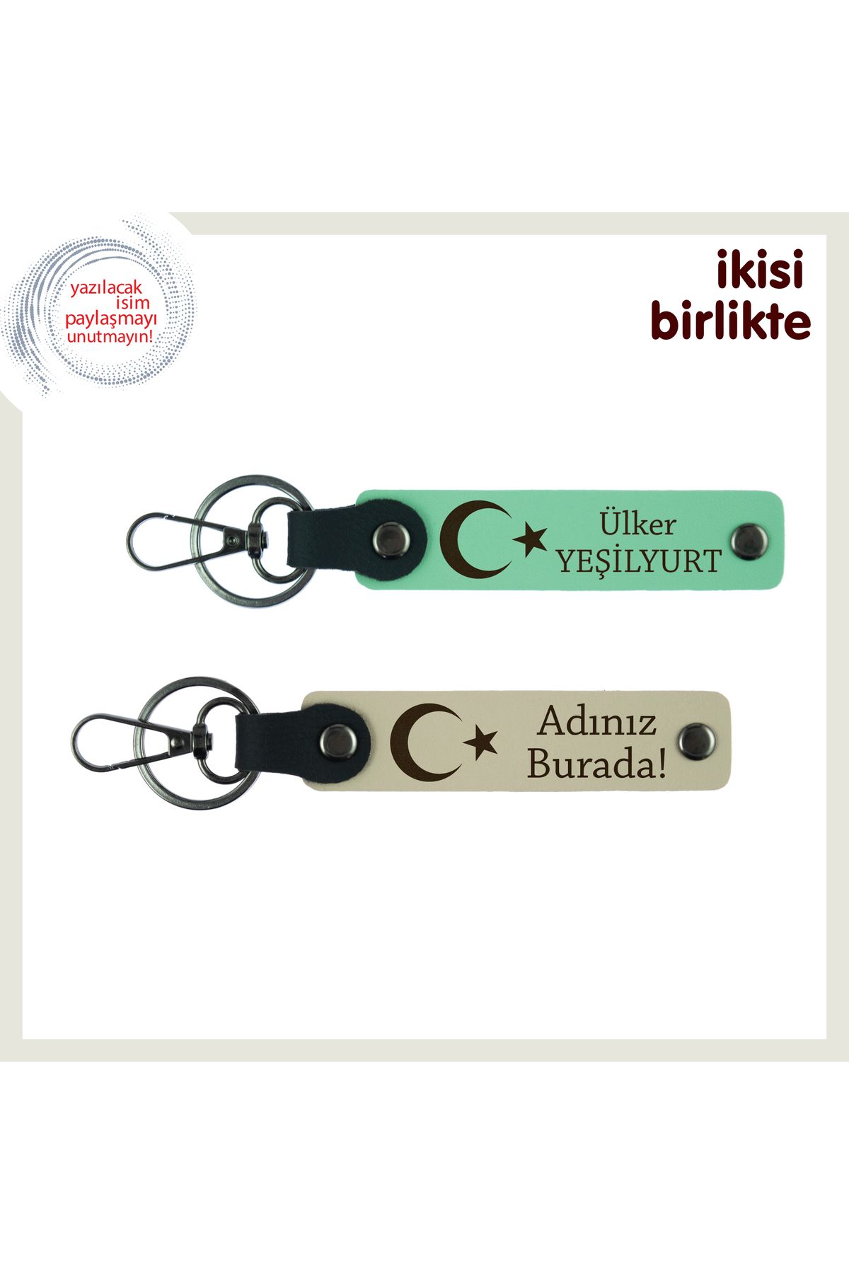 Miaju Duyguları Taşıyan Tasarım, Ay Yıldızlı İsim Soyisimli 2’li Hediye Anahtarlık, Açık Yeşil-S Kahve