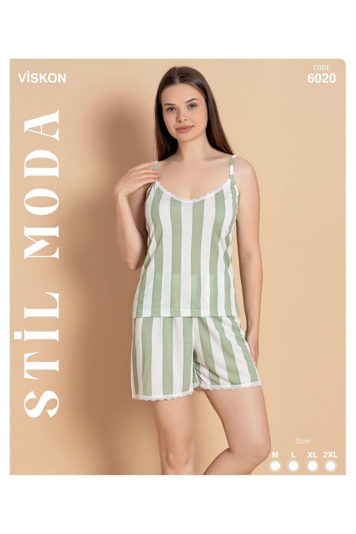 Stil Moda Askılı Yeşil Çizgili Şortlu Takım Viskon Kumaş