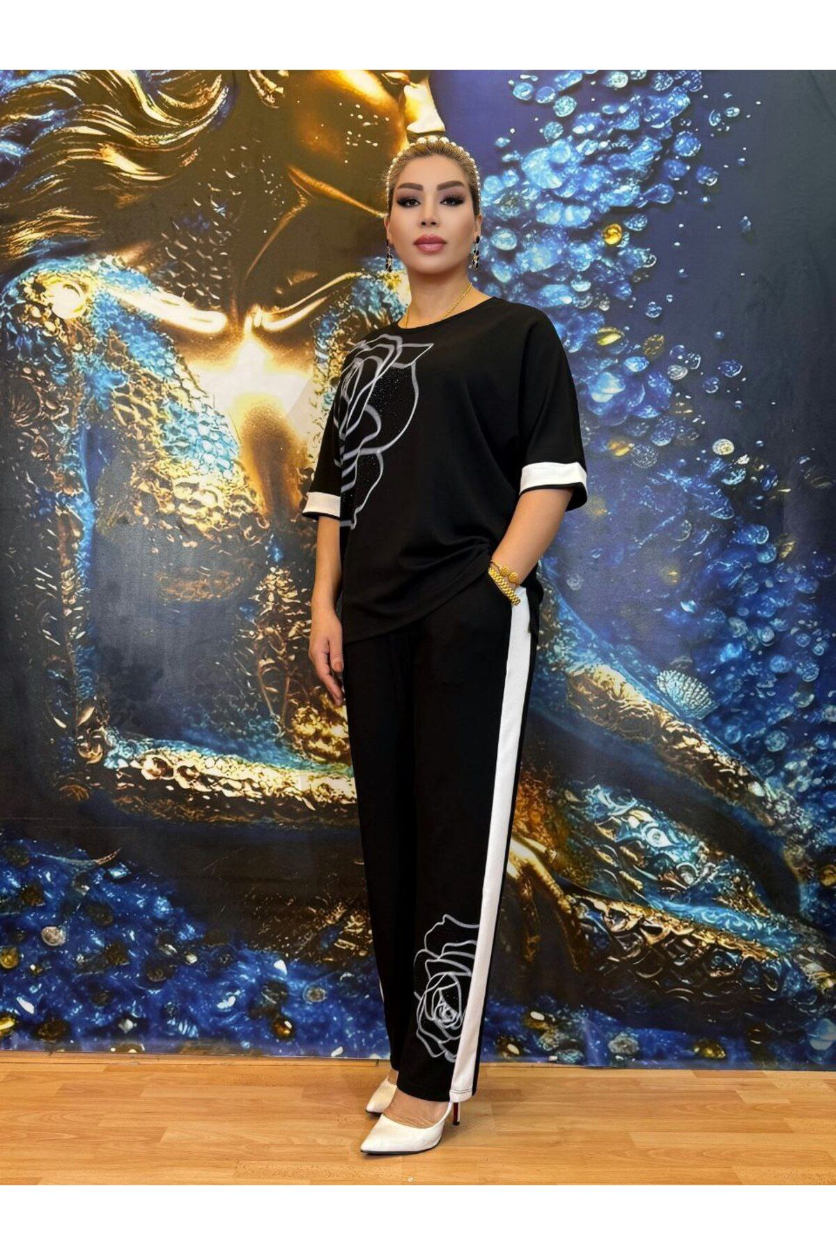Yeşilmoda Takım,bluz ve pantolon,Cepli,pamuk ipliği,yarasa kol, Taşli işlemeli,Likralı bel,Günlük,Siyah beyaz