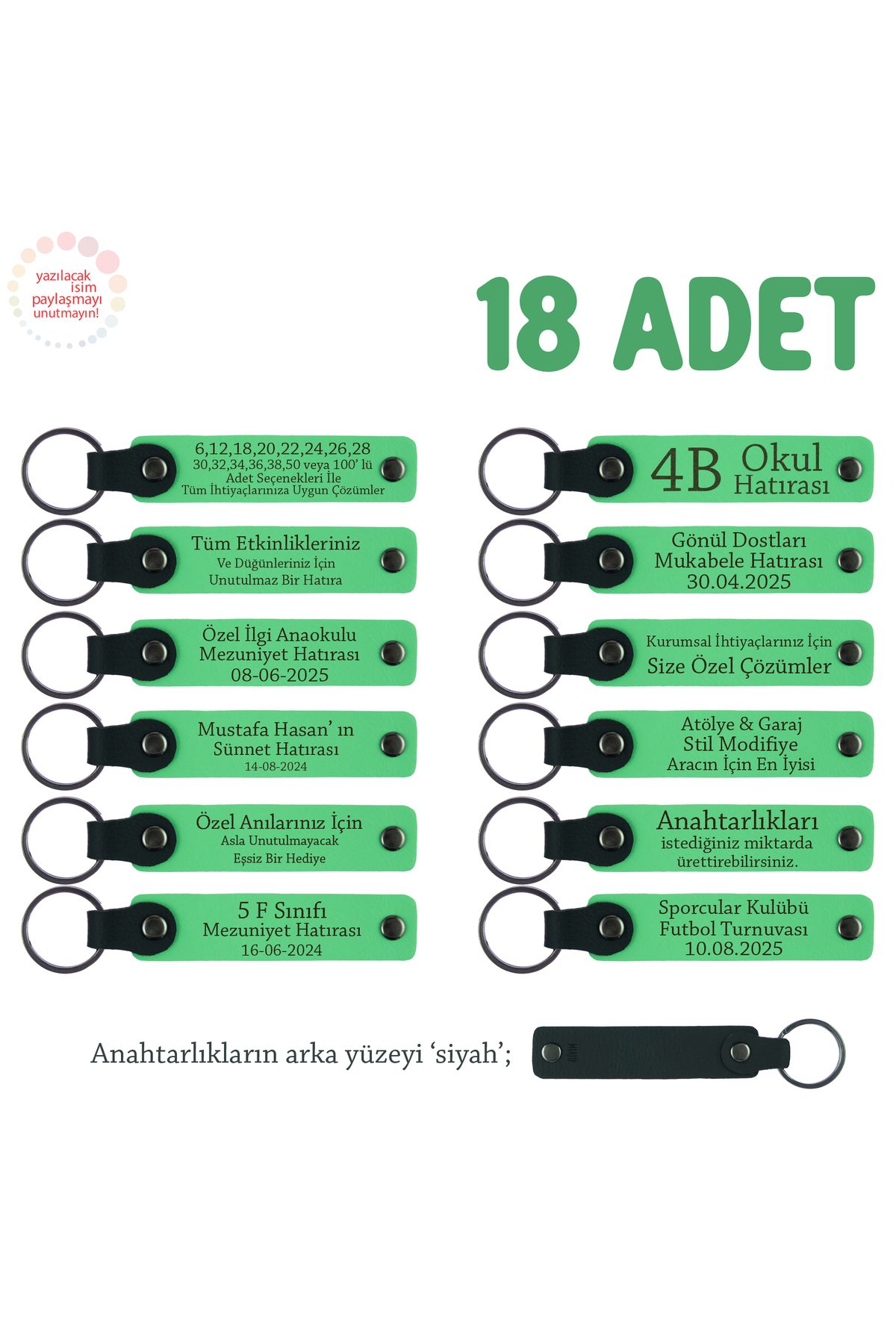 Miaju Tiyatro Ekibi İçin Hazırlanan Veda Hediyesi, 18'li Kişiselleştirilebilir Anahtarlık, F Yeşil & Syh
