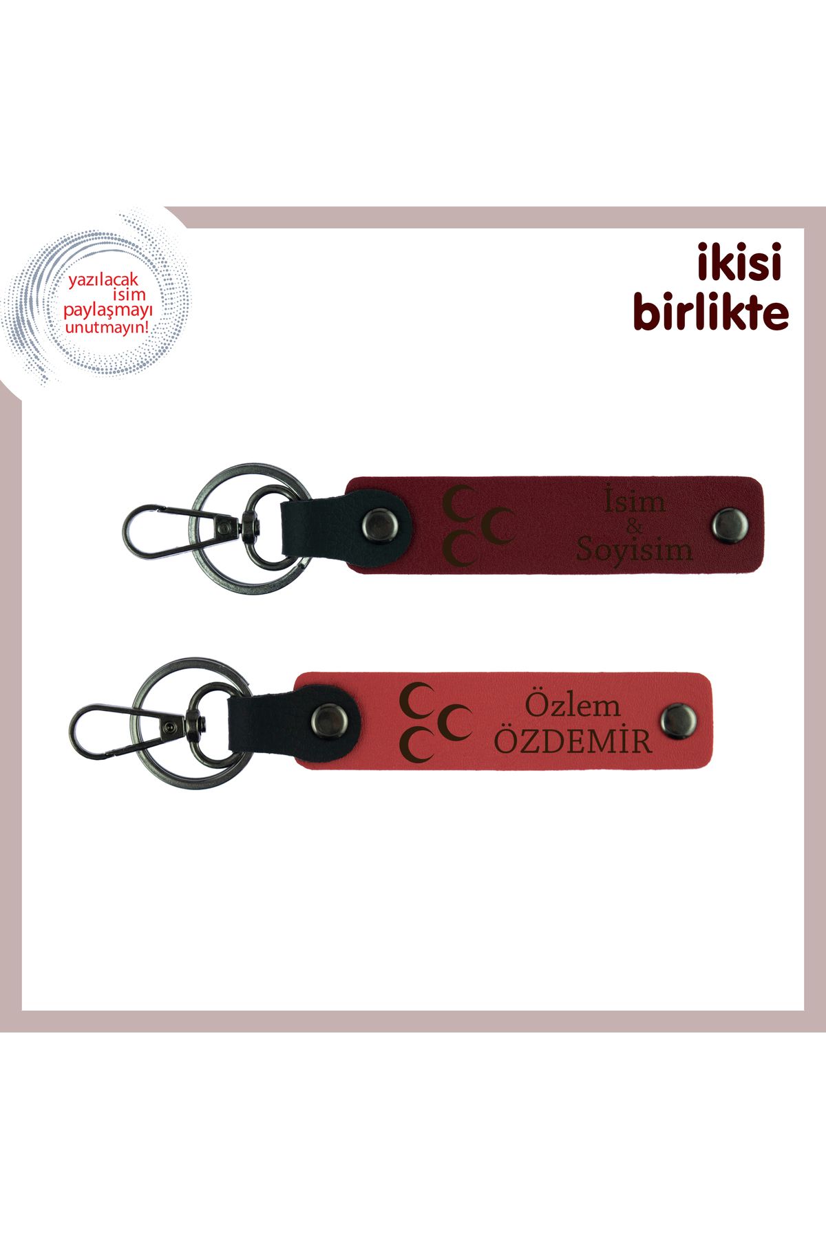 Miaju Üç Hilal – Kişiye Özel İsimli 2’li Deri Anahtarlık Takımı, Hediyelik, Bordo-Nar Çiçeği