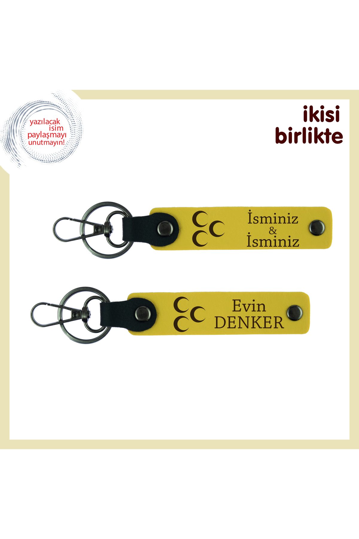 Miaju Sevgiline Anlam Yüklü Sürpriz – Üç Hilal Deri Anahtarlık Takımı, İsme Özel, Sarı-Sarı