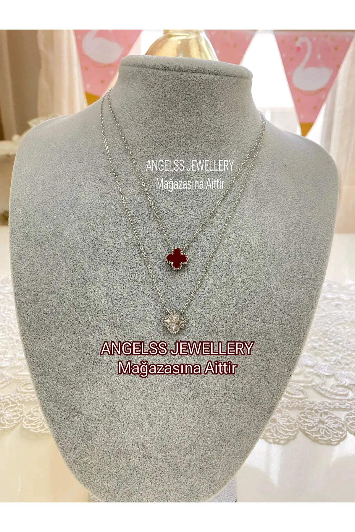 ANGELSS JEWELLERY İkili Kombin Yonca Model Gümüş Bordo Kolye Van Cleeff (YONCA MODEL GÜMÜŞ BORDO 2’Lİ KOMBİN KOLYE)