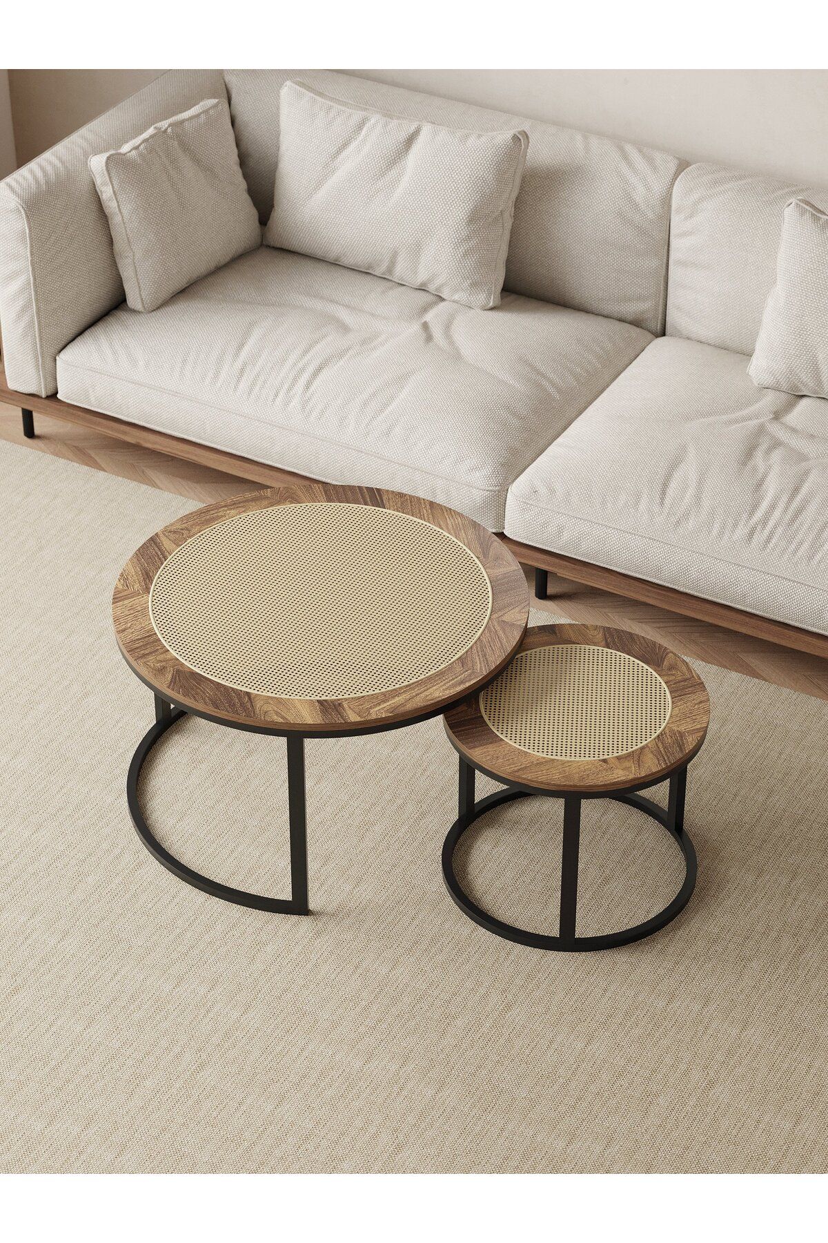 Un-A set of coffee tables with an elegant design and perforated wood that adds a luxurious touch to your living room. 5