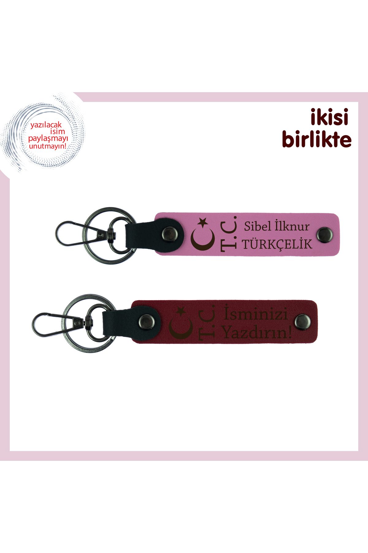 Miaju İş Arkadaşına Vefalı Bir Jest – Ay Yıldız TC, İsim Yazılabilir Anahtarlık Seti, Pembe-Bordo