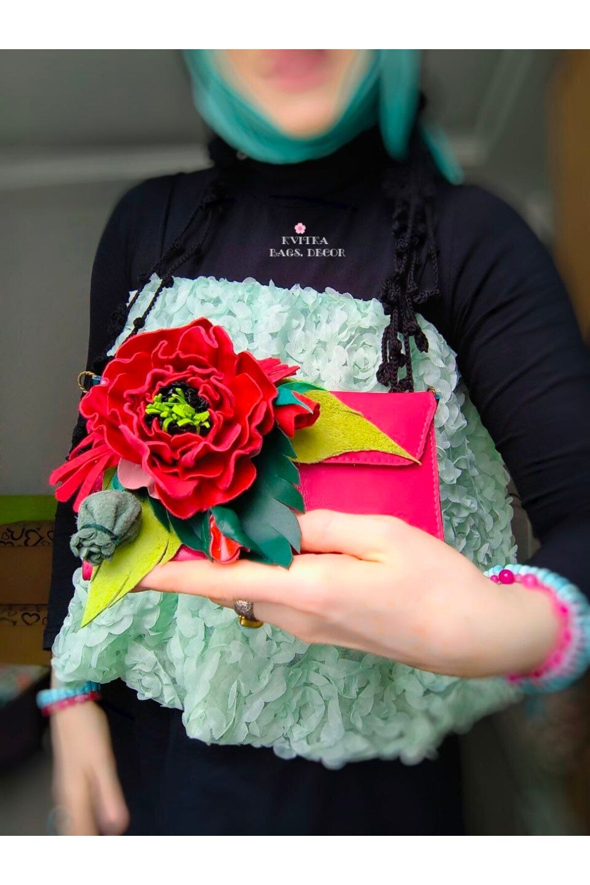 BagsDecor Abiyefuşya pembe kırmızı yeşil Hakiki Deri çiçekli haşhaş clutch portföy cüzdan el omuz çantası