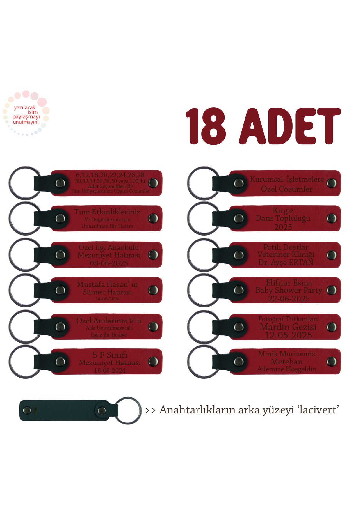 Miaju Kamp Arkadaşlarına Anı Olarak, 18'li Set, Kişisel Mesajlı Deri Anahtarlık, Kırmızı & Lacivert