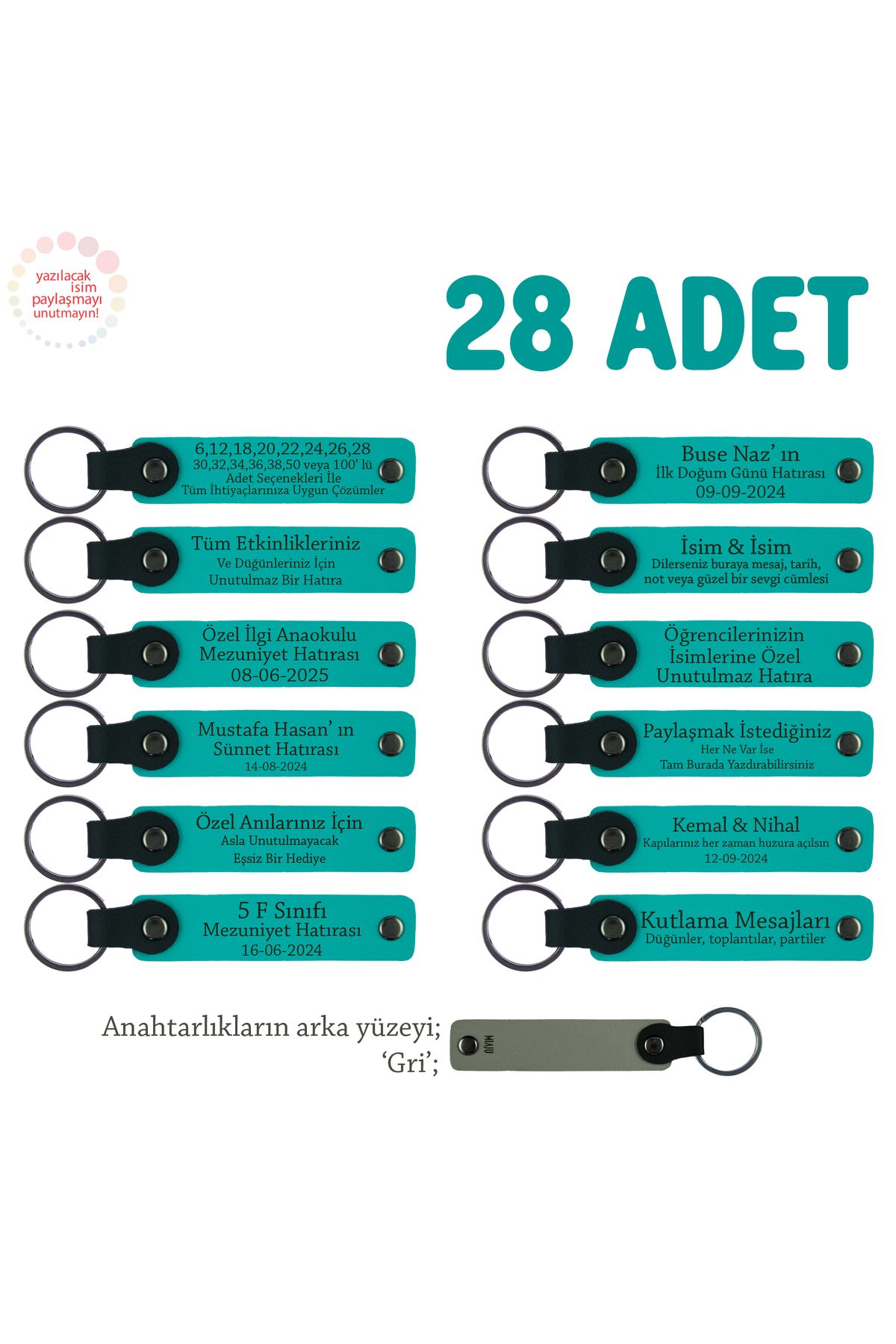 Miaju Spor Grubu İçin Üzerine İsim Yazılabilen Hediye Edilebilir Anahtarlık 28’li Set, Koyu Turkuaz & Gri