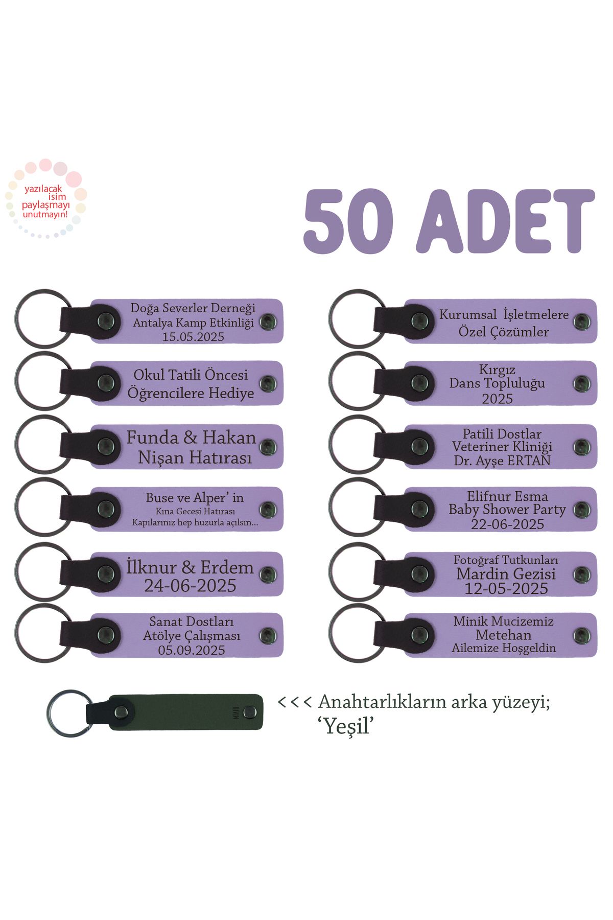 Miaju Sünnet Töreni İçin İsim Yazılabilen Anı & Hatıra Anahtarlıkları 50’li Set, Mor Menekşe & Yeşil