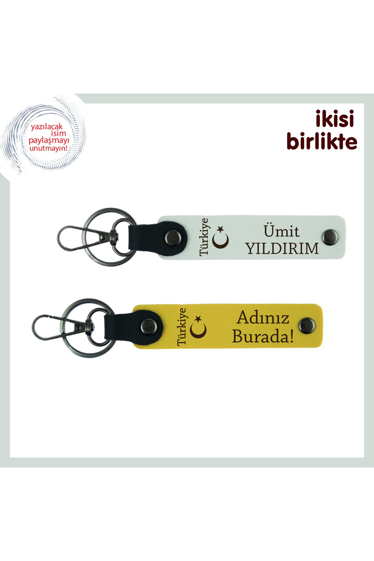 Miaju Asker Adayına Veda Hediyesi – Ayyıldız ve Türkiye, İsme Özel 2’li Anahtarlık Seti, Beyaz-Sarı