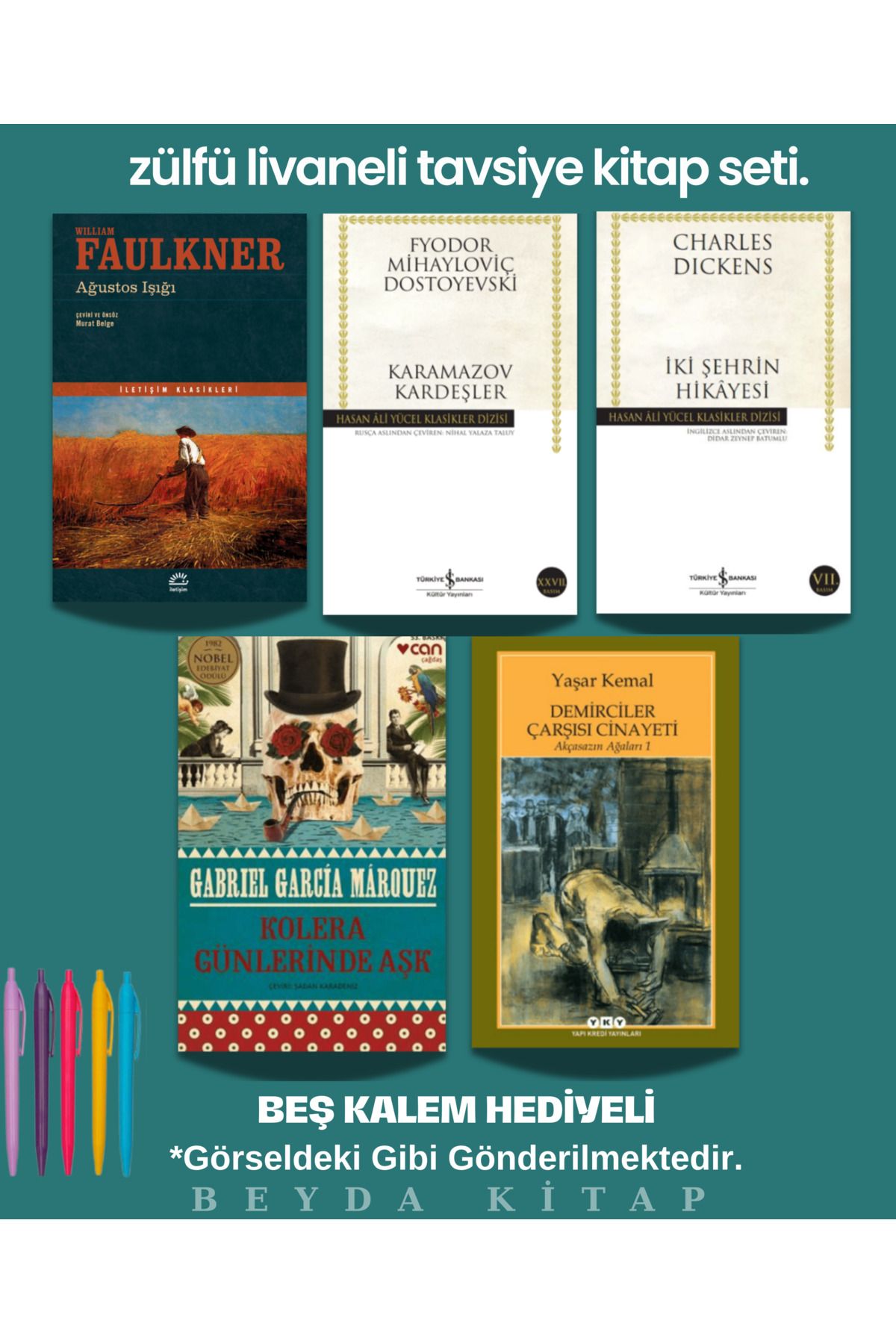 İletişim Yayınları Zülfü Livaneli Tavsiye Beş Kitap Seti - Ağustos Işığı - İki Şehrin Hikayesi - Karamazov - Kolera