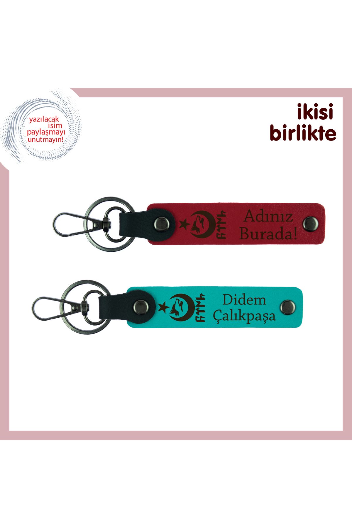 Miaju Kişiselleştirilebilir Ayyıldız Kurt Göktürk Desenli Anahtarlık – 2’li Hediye Set, Kırmızı-Turkuaz