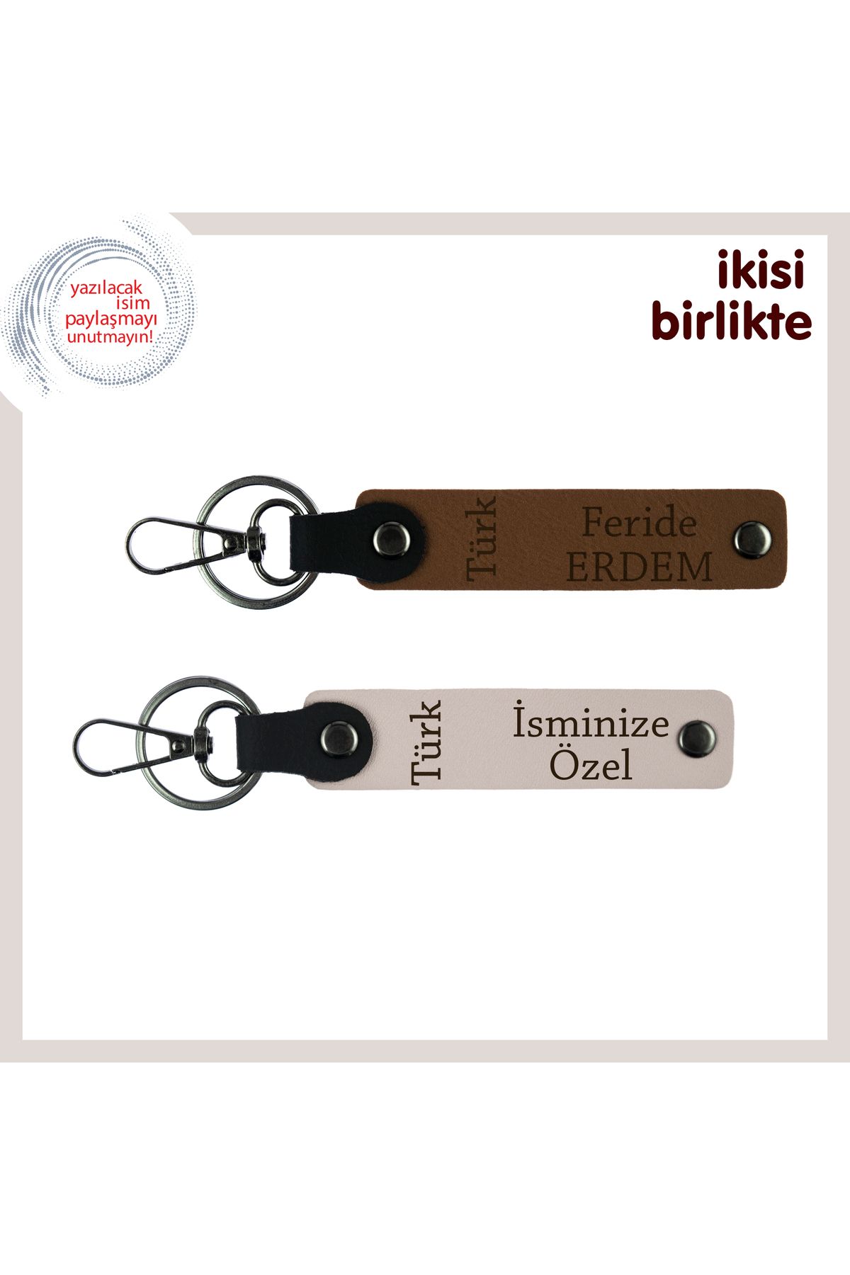 Miaju Öğretmene Hatıra, Türk Yazısı İsme & Soyisme Özel 2’li Anahtarlık Hediye, Açık Kahve-Pudra