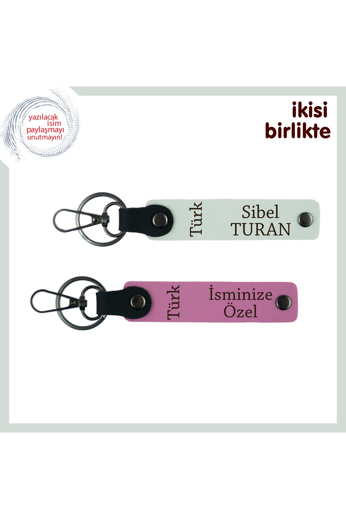 Miaju Özel Hediyelik – Türk Yazısı, İsim ve Soyisim Yazılabilir 2’li Anahtarlık, Beyaz-Pembe