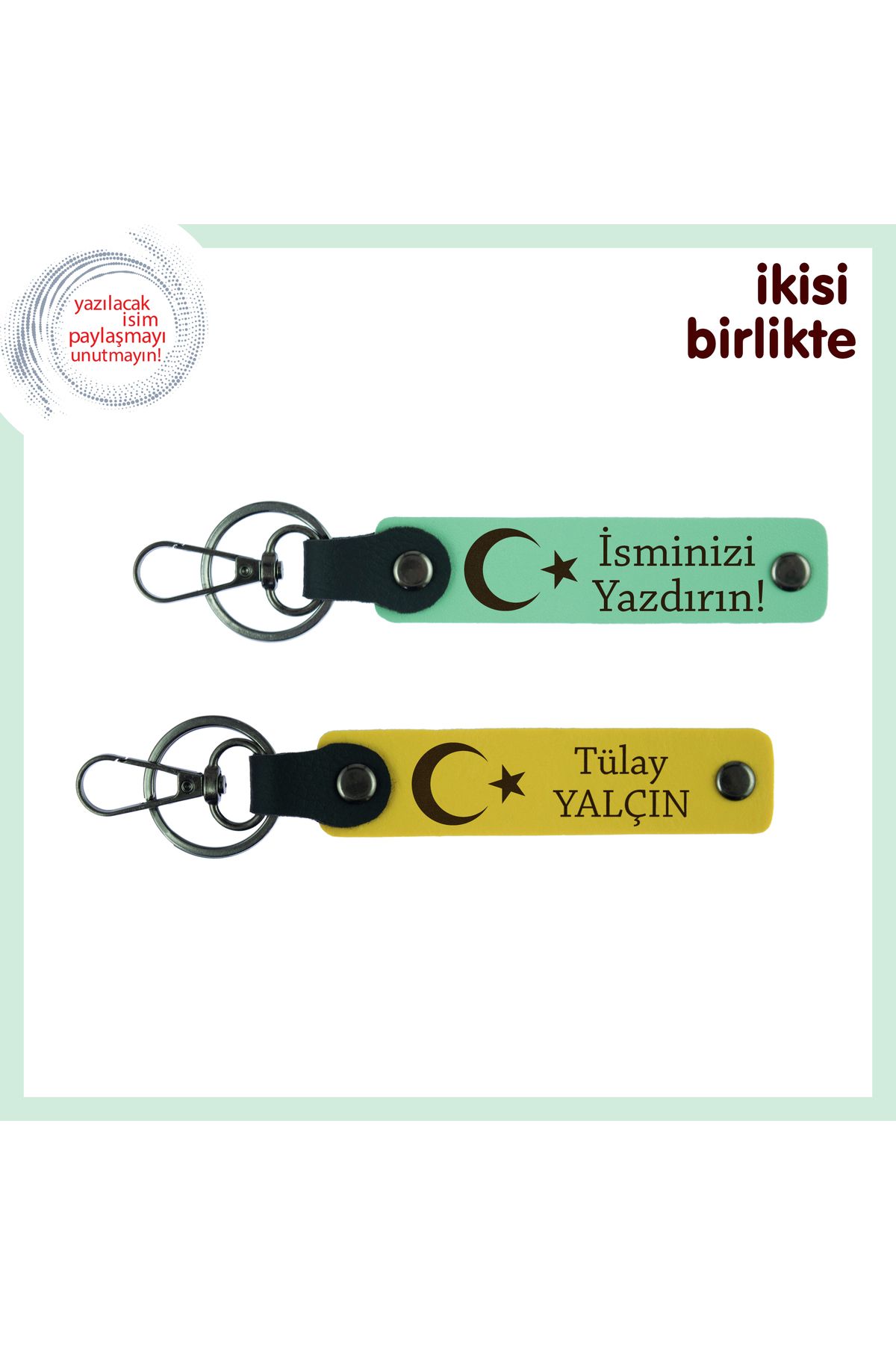 Miaju İsim Soyisim Yazılı 2’li Anahtarlık Ay Yıldız Desenli, Sevdiklerinize Armağan, Açık Yeşil-Sarı