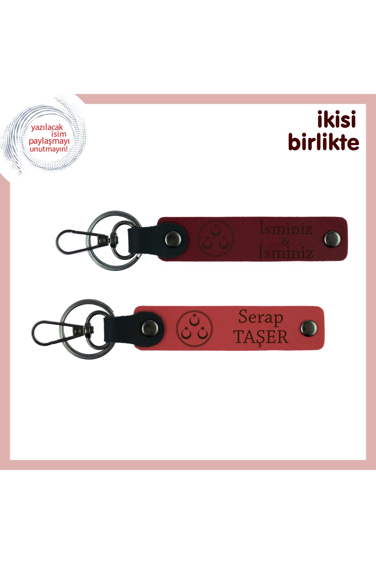 Miaju Üç Ayyıldızlı Aile Hatırası – Kişiye Özel 2’li Deri Anahtarlık Takımı, Hediyelik, Bordo-Nar Çiçeği