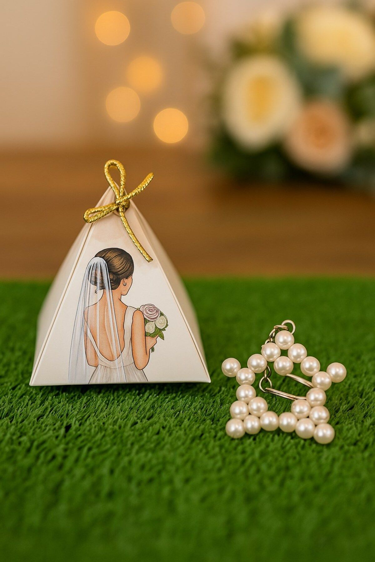 Emtory Home 10 Adet Gelin Model Piramit Kutulu İnci Yıldız Anahtarlık - Nikah Hediye - Kına Hediye, Nişan Hediye