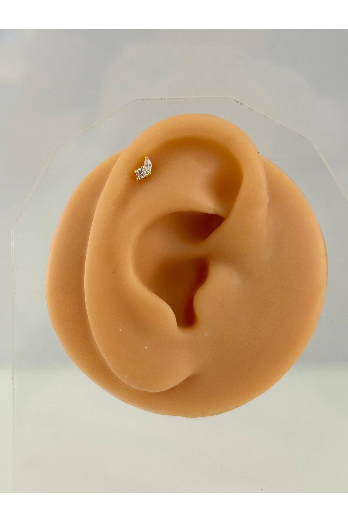 Siminkari 925 Ayar Gümüş Üzerine Mikron Altın Kaplama Taşlı Minimal Gold Piercing Tragus Helix