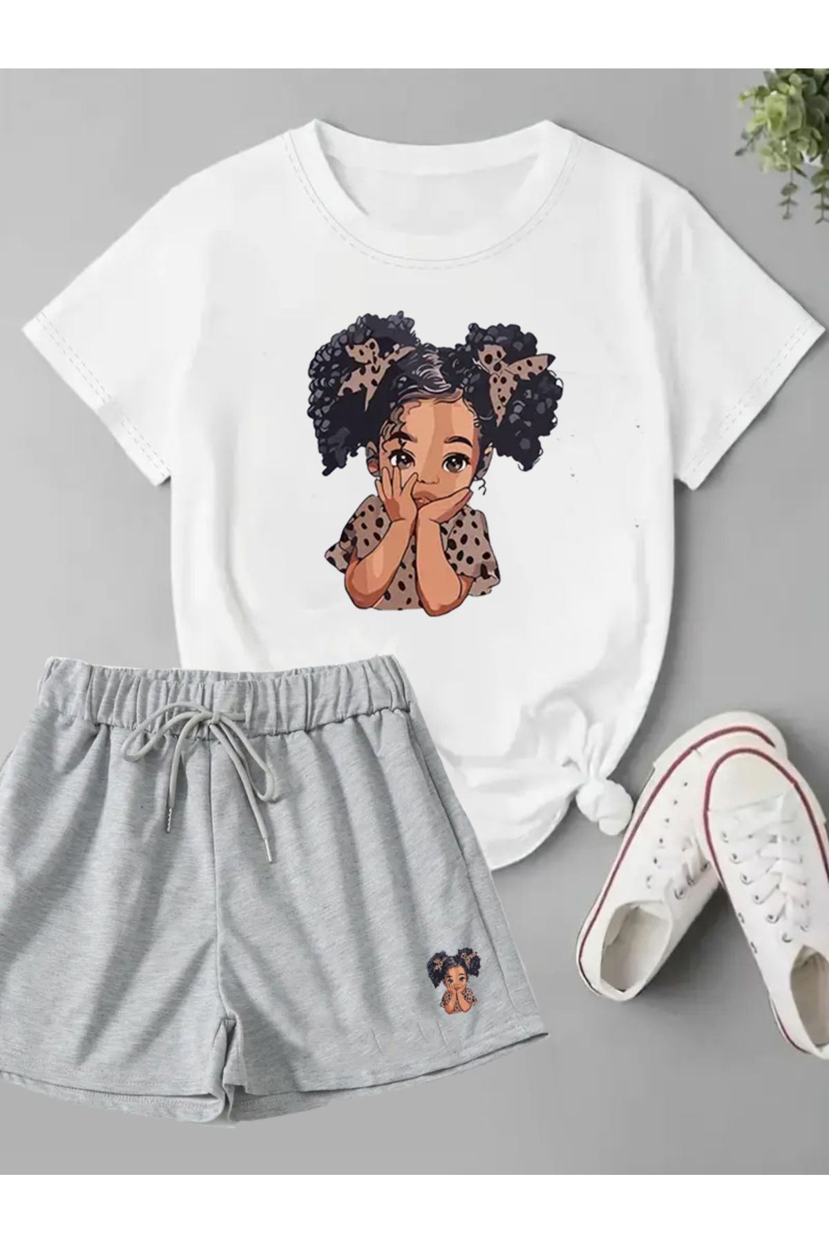 makiteks 2'li Set Düz Renk Kadın Regular Şort ve Tshirt Tişört Girl