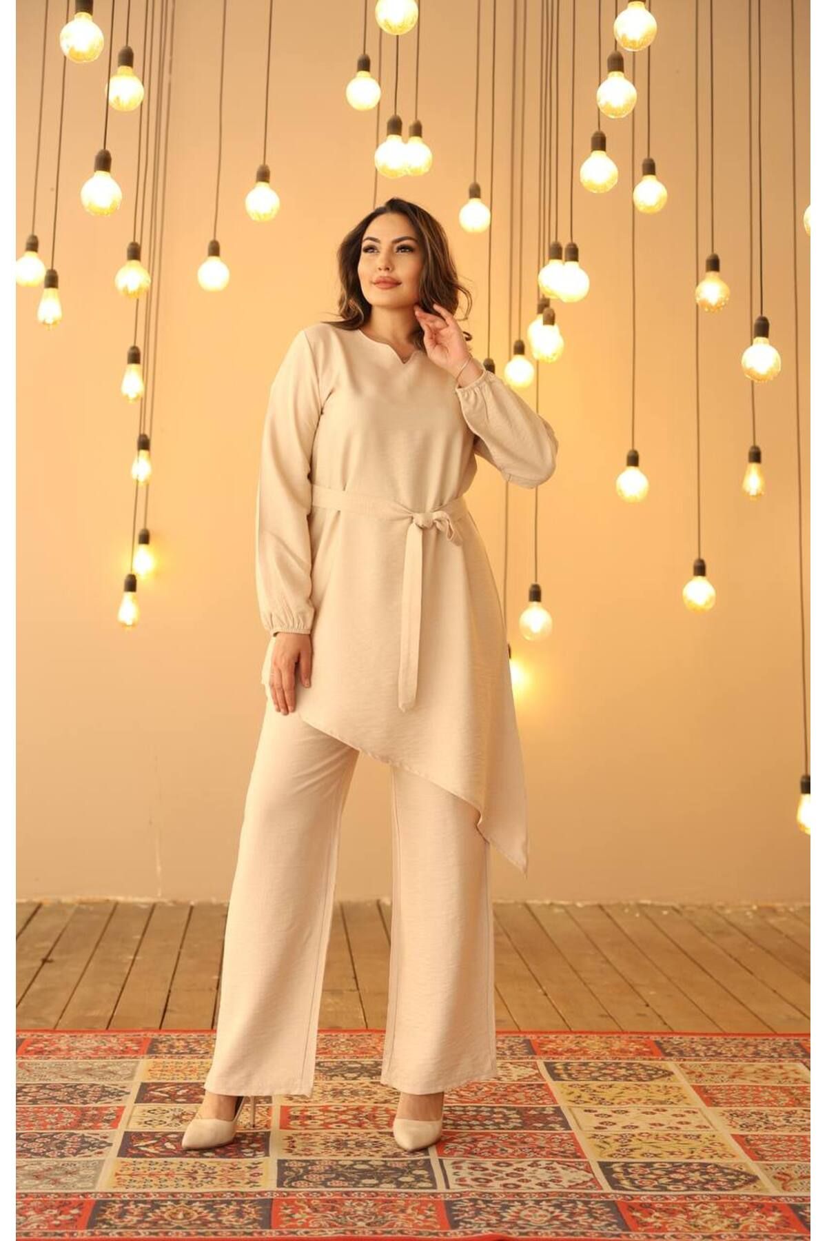 Eda Başak Atelier Keten Uzun Kollu Tesettür Pantolon Tunik Takım