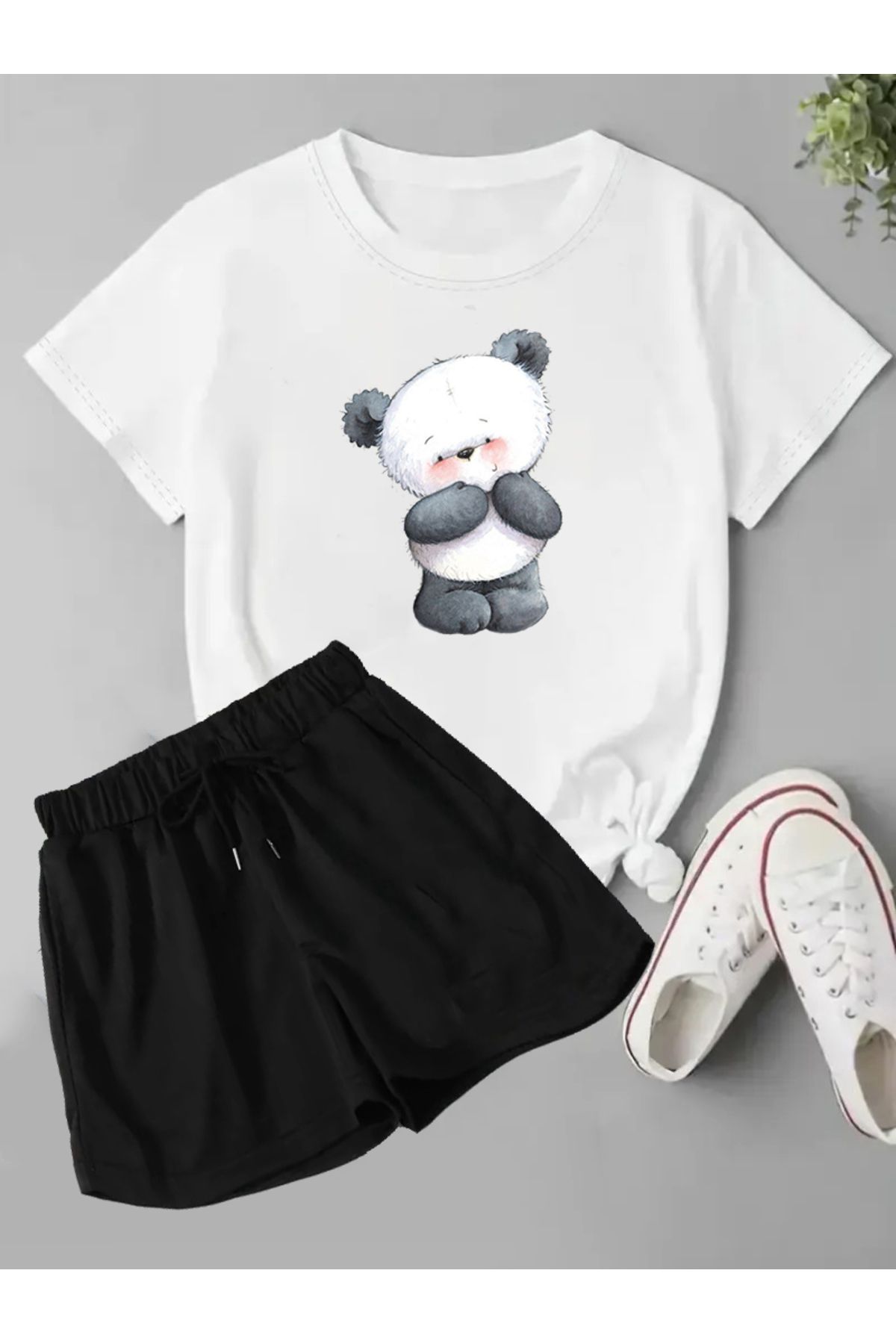 makiteks 2'li Set Düz Renk Kadın Regular Şort ve Tshirt Tişört Listen Panda