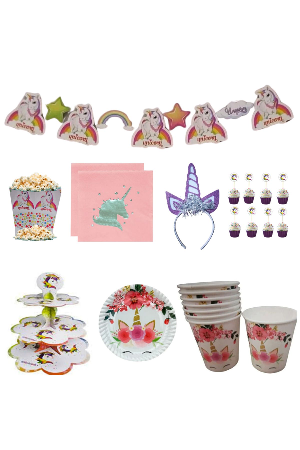 booddie Unicorn Banner,Kek Standı,Peçete 16'lı ,Cupcake Süsü 20 'li,Mısır Kutusu 8'li,Taç,Tabak Bardak 8'Li