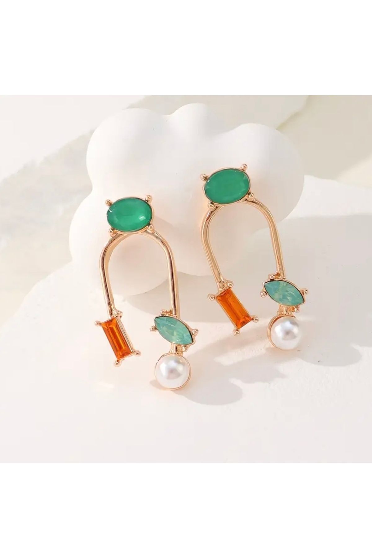 Mojo Jewellery Geometrik Taşlı Ve İncili Çelik Küpe