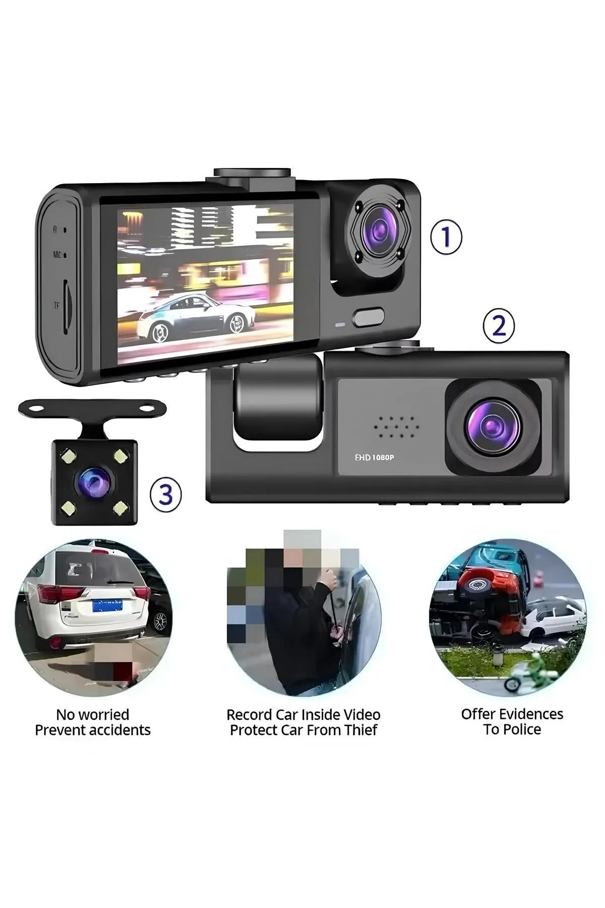 lasttech Araç Kamerası 1296P Full HD Gece Görüşlü Trafik Kayıt Cihazı 3KAMERA ARAÇ İÇİ DIŞ ÖN VE ARKA