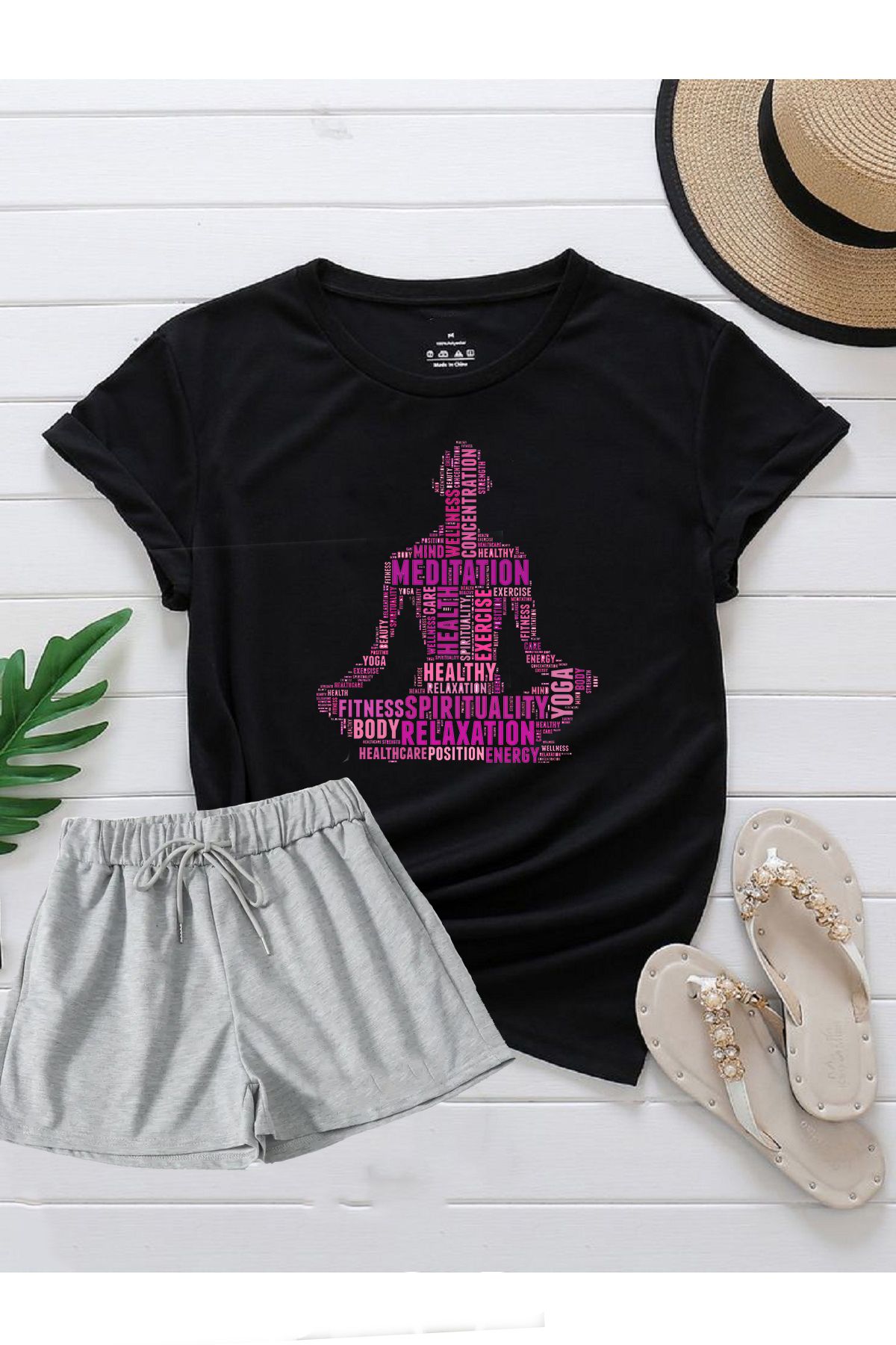 makiteks 2'li Set Düz Renk Kadın Regular Şort ve Tshirt Tişört Meditasyon Yogo