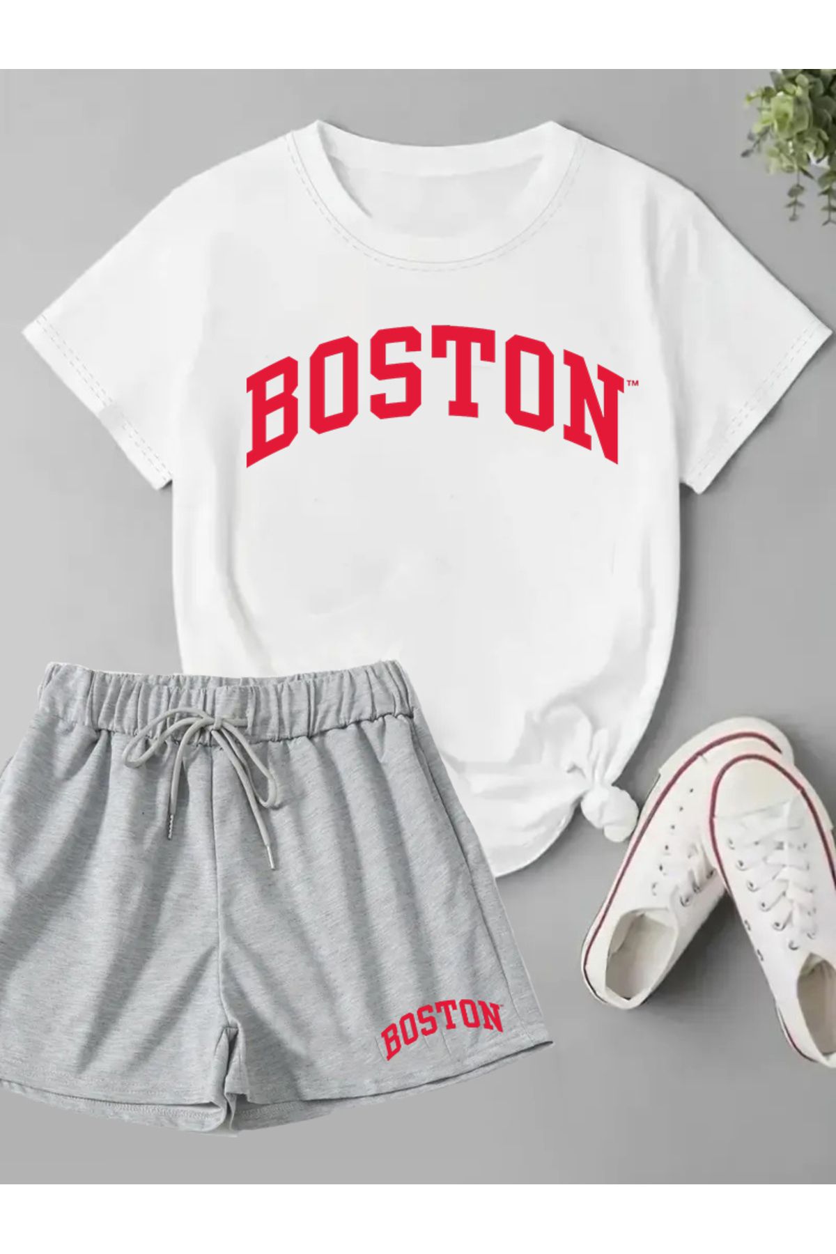 makiteks 2'li Set Düz Renk Kadın Regular Şort ve Tshirt Tişört Boston