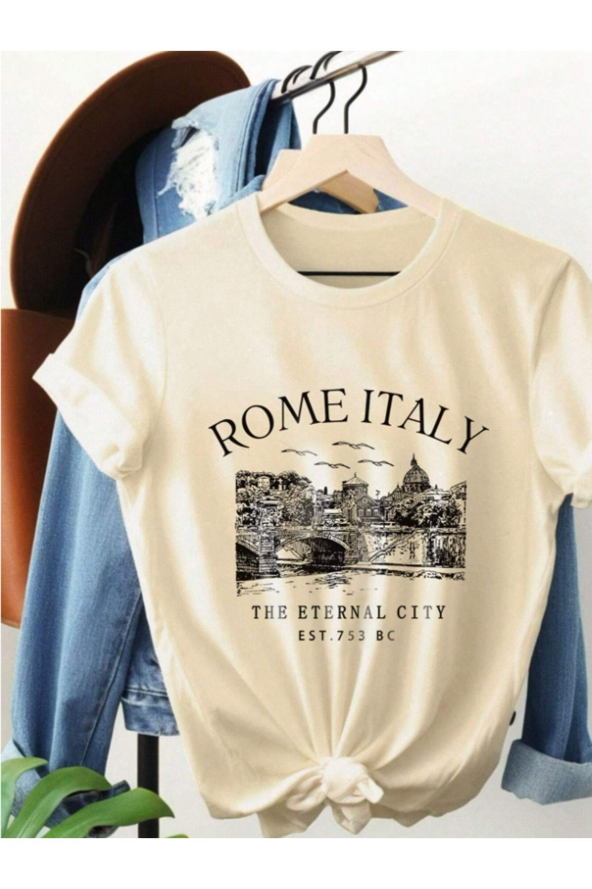 Trend Sizde Unisex İtalyan Skyline Özel Tasarım Ön Baskılı Tasarım Tshirt